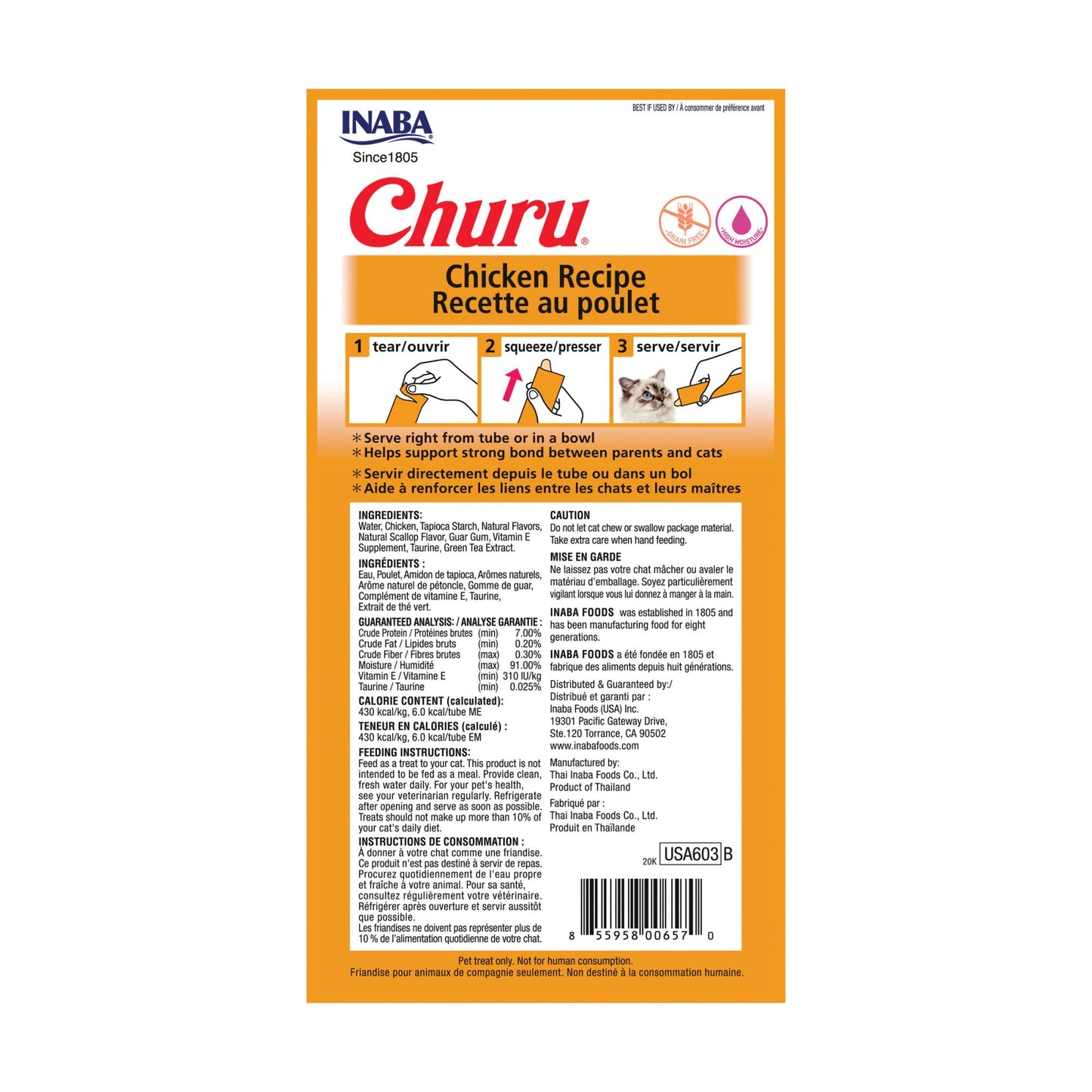 INABA Churu Cat Treats, Grain-Free, Lickable, Squeezable Creamy Purée Cat Treat/Topper with Vitamin E & Taurine, 0.5 Ounces Each Tube, 24 Tubes (4 per Pack), Chicken Recipe