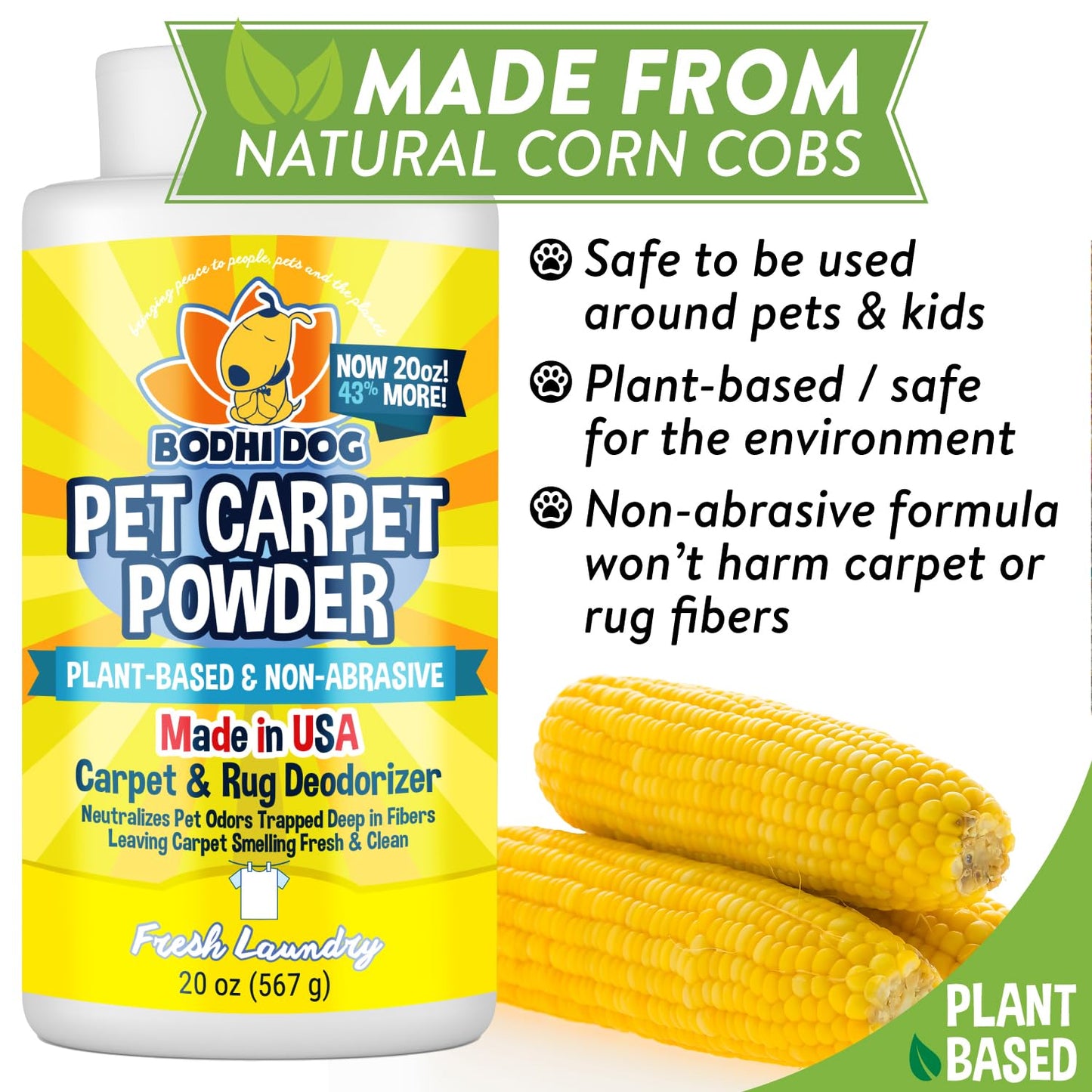 Bodhi Dog Natural Carpet Deodorizer Powder - Dry Pet Smell Eliminator & Urine Odor Remover - Loosens Fur & Dirt - Plant-Based Room Freshener for Vacuuming Home - Fresh Laundry (Pack of 1)