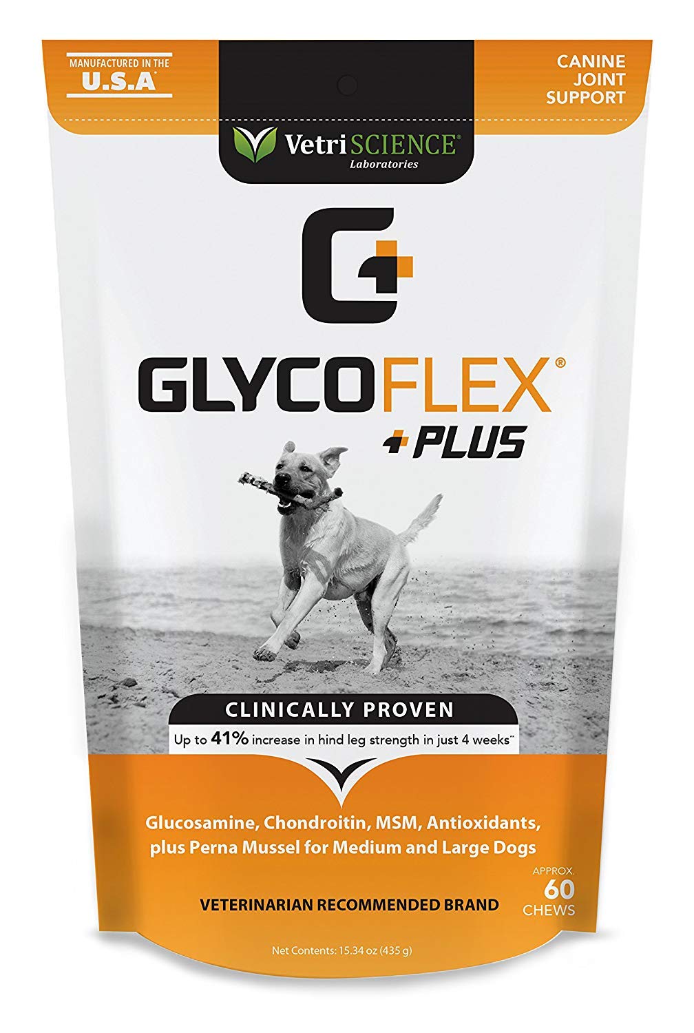 VetriScience GlycoFlex Ultimate Strength Healthy Hip & Joint Glucosamine Supplements for Dogs, with MSM, Chondroitin & Green-Lipped Mussel, Soft Chews, Duck, 60 Count - New Look