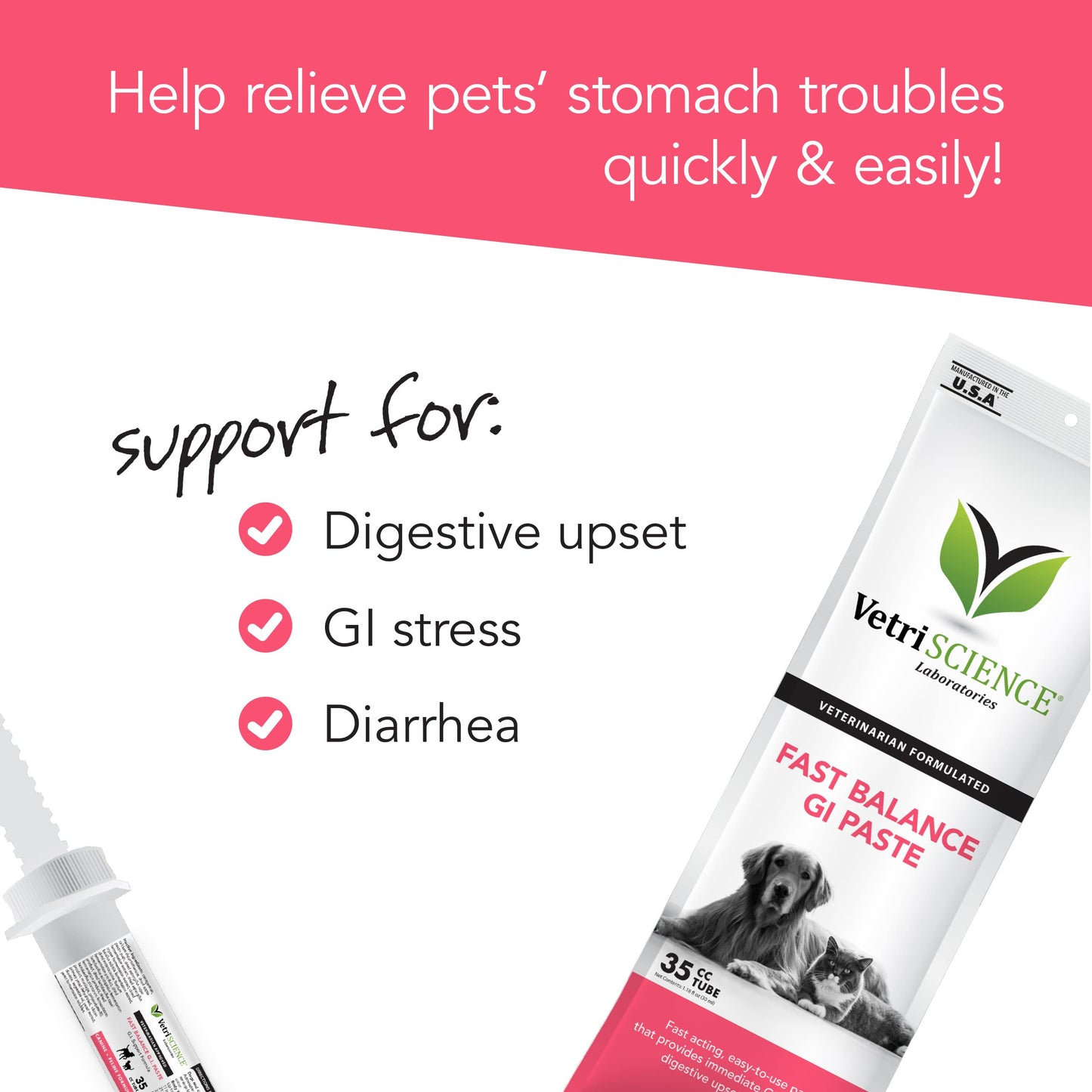 VetriScience Quick Action Diarrhea Aid Paste with Probiotics & B Vitamins, Fast Balance Digestive Support Supplement for Dogs and Cats, Gut Balancer, Help Stop Diarrhea, Unflavored, 35 cc