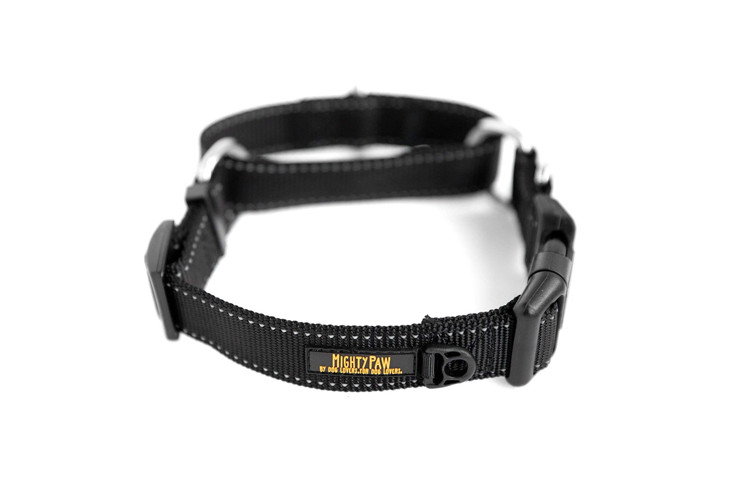 Mighty Paw Martingale Nylon Training Collar - Martingale Collar Dog - Limited Slip Design for Controlled Training - Reflective Stitching for Safety - Black Collars - Medium Size