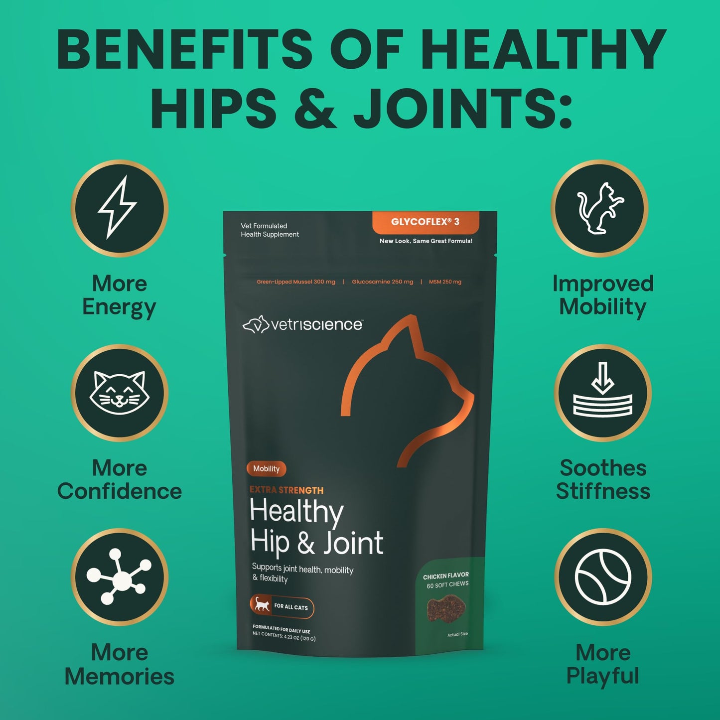 VetriScience Extra Strength Healthy Hip & Joint Chews, GlycoFlex Glucosamine and Green-Lipped Mussel Joint Support Supplement for Cats, Promote Mobility and Soothe Joint Discomfort, Chicken, 60 Count