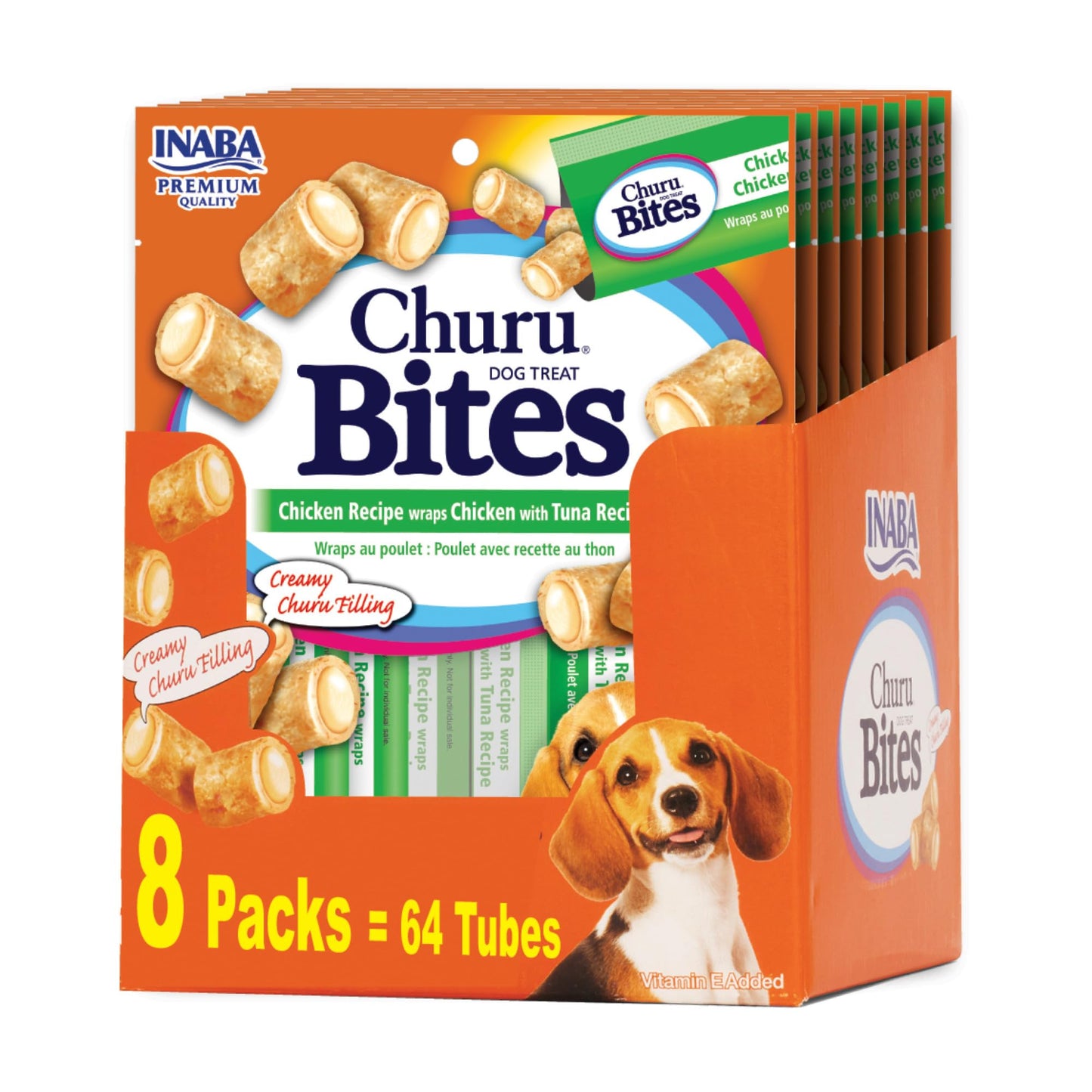 INABA Churu Bites for Dogs, Soft & Chewy Dog Treats, 0.42 Ounces Each Tube, 64 Tubes Total (8 Tubes per Pack), Chicken with Tuna Recipe