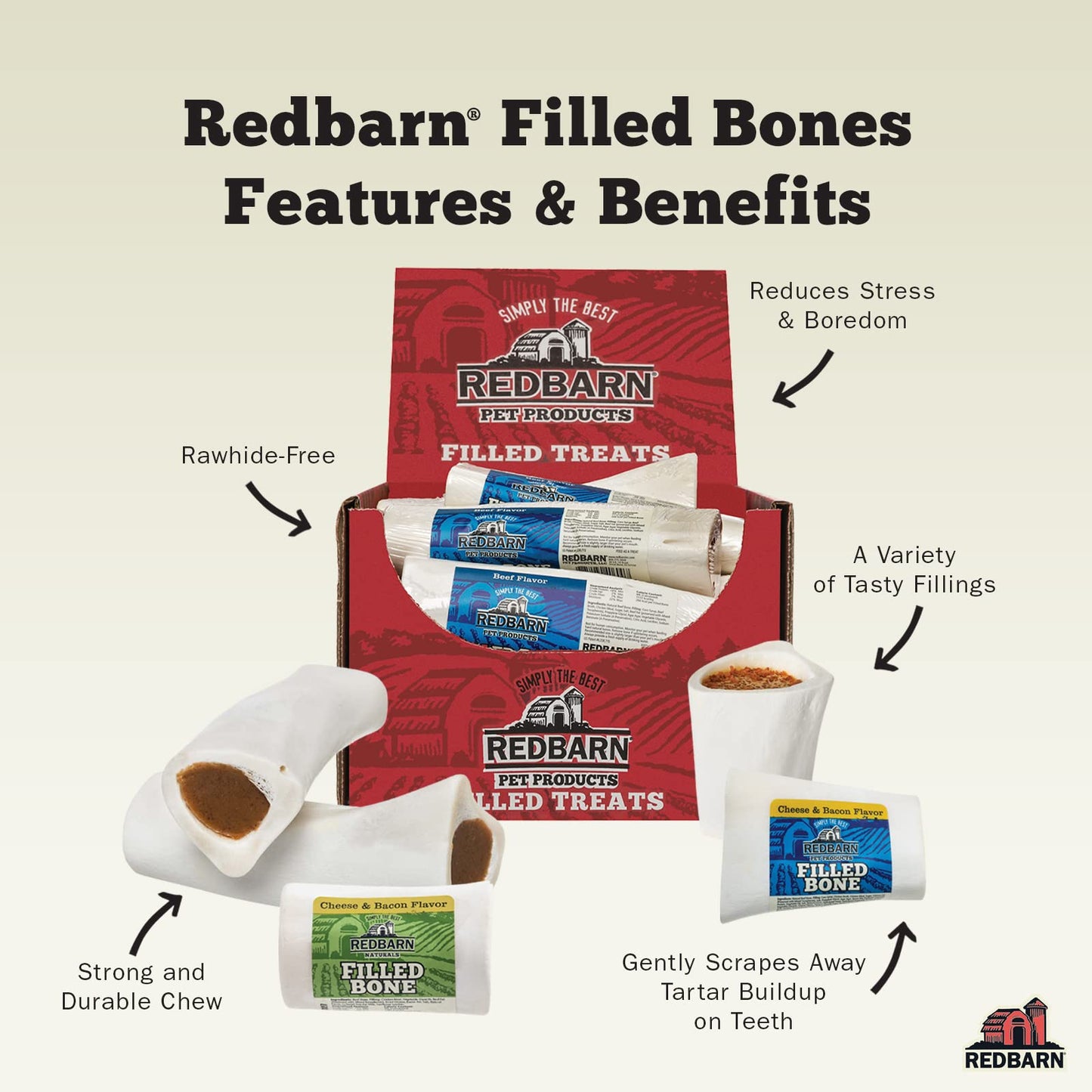 Redbarn Pet Products Large Filled Dog Bones, Cheese & Bacon Flavor - Long Lasting Stuffed Femur Chew Treat Made in USA - 4 Count - Packaging May Vary