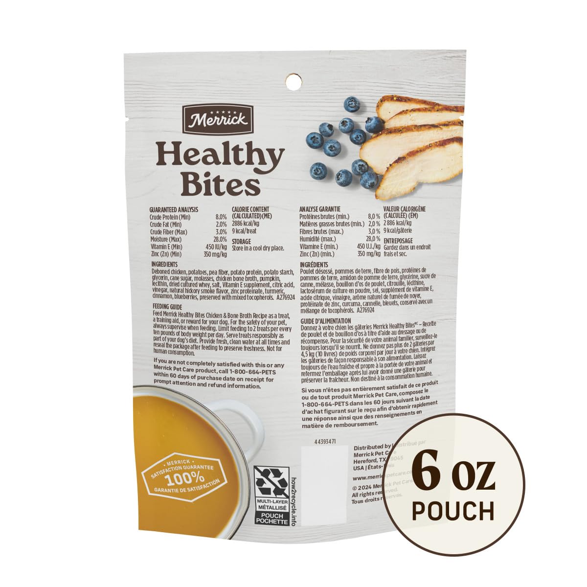 Merrick Healthy Bites Grain Free Dog Treats, Soft Treats with Bone Broth for Dogs, Chicken and Bone Broth Recipe - 6 oz. Pouch