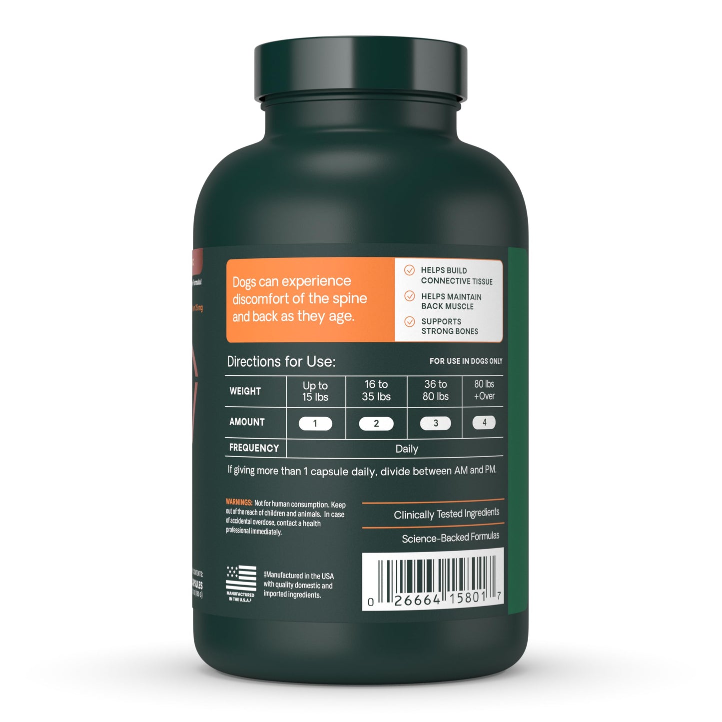 VetriScience Healthy Spine & Disc Easy-Open Capsules, Back & Spinal Support Chondroitin & Taurine Supplement for Dogs, Perfect for Dachshunds, Corgis, Frenchies & More, 180 Count
