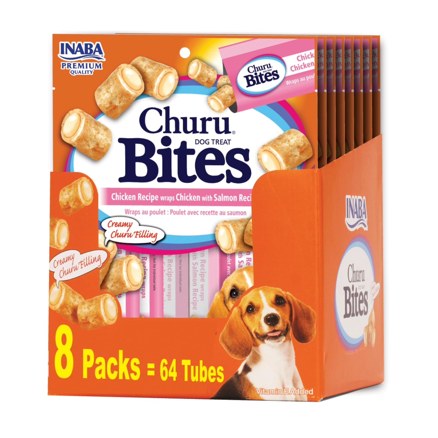 INABA Churu Bites for Dogs, Soft & Chewy Dog Treats, 0.42 Ounces Each Tube, 64 Tubes Total (8 Tubes per Pack), Chicken with Salmon Recipe
