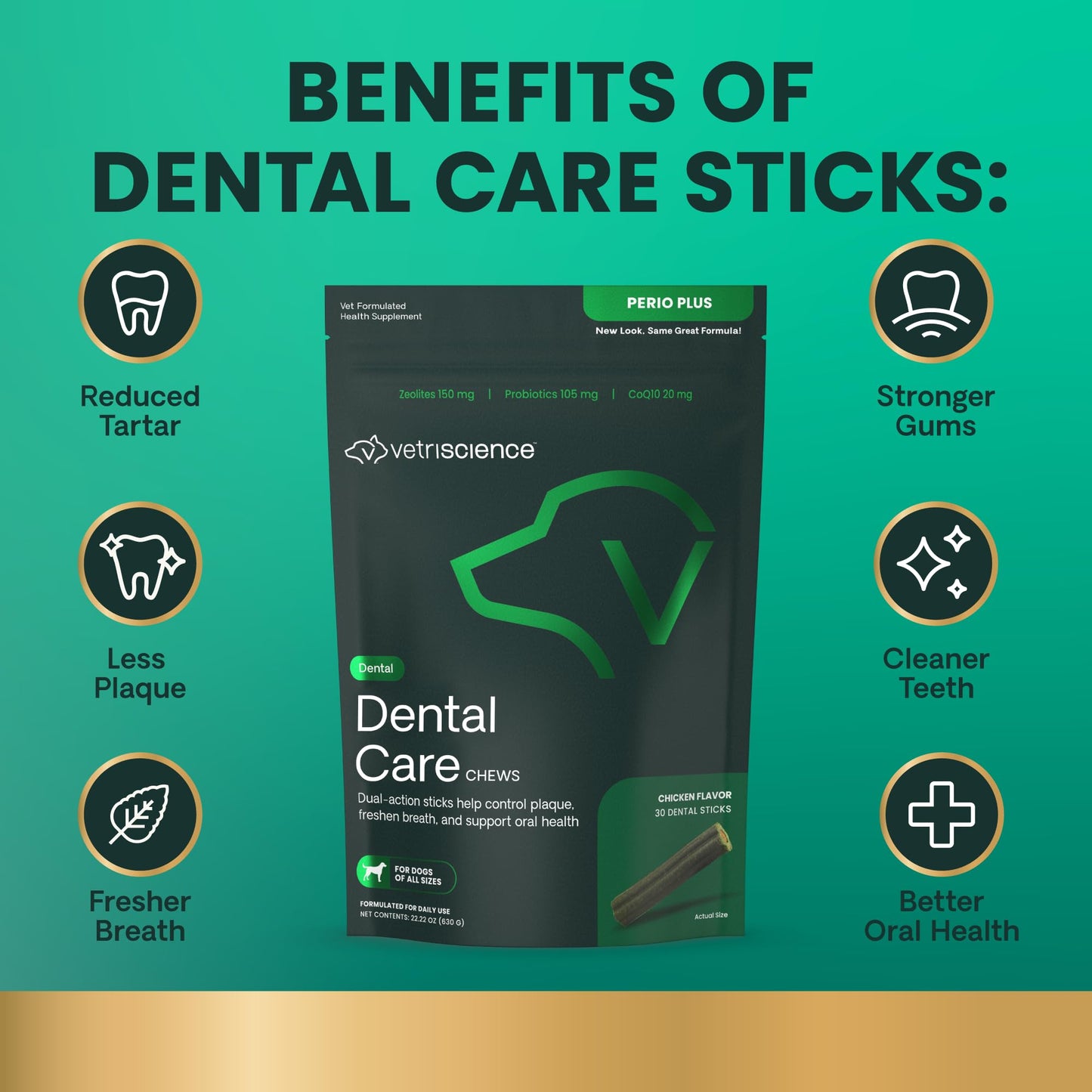 VetriScience Healthy Mouth Dental Chews, Perio Plus Sticks for Dogs, with Probiotics, Spirulina & Zeolites, Breath Freshening, Plaque & Tartar Control, Chicken, 30 Count