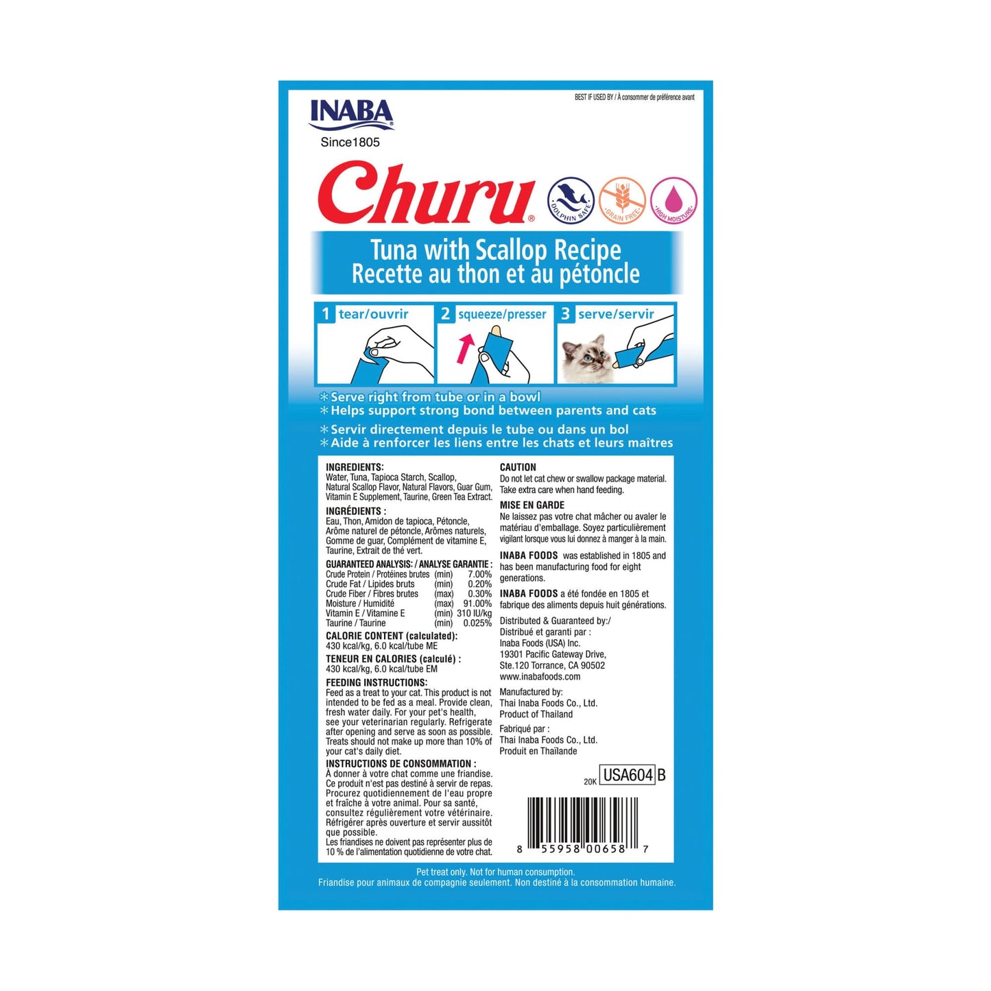 INABA Churu Cat Treats, Grain-Free, Lickable, Squeezable Creamy Purée Cat Treat/Topper with Vitamin E & Taurine, 0.5 Ounces Each Tube, 24 Tubes (4 per Pack), Tuna with Scallop Recipe