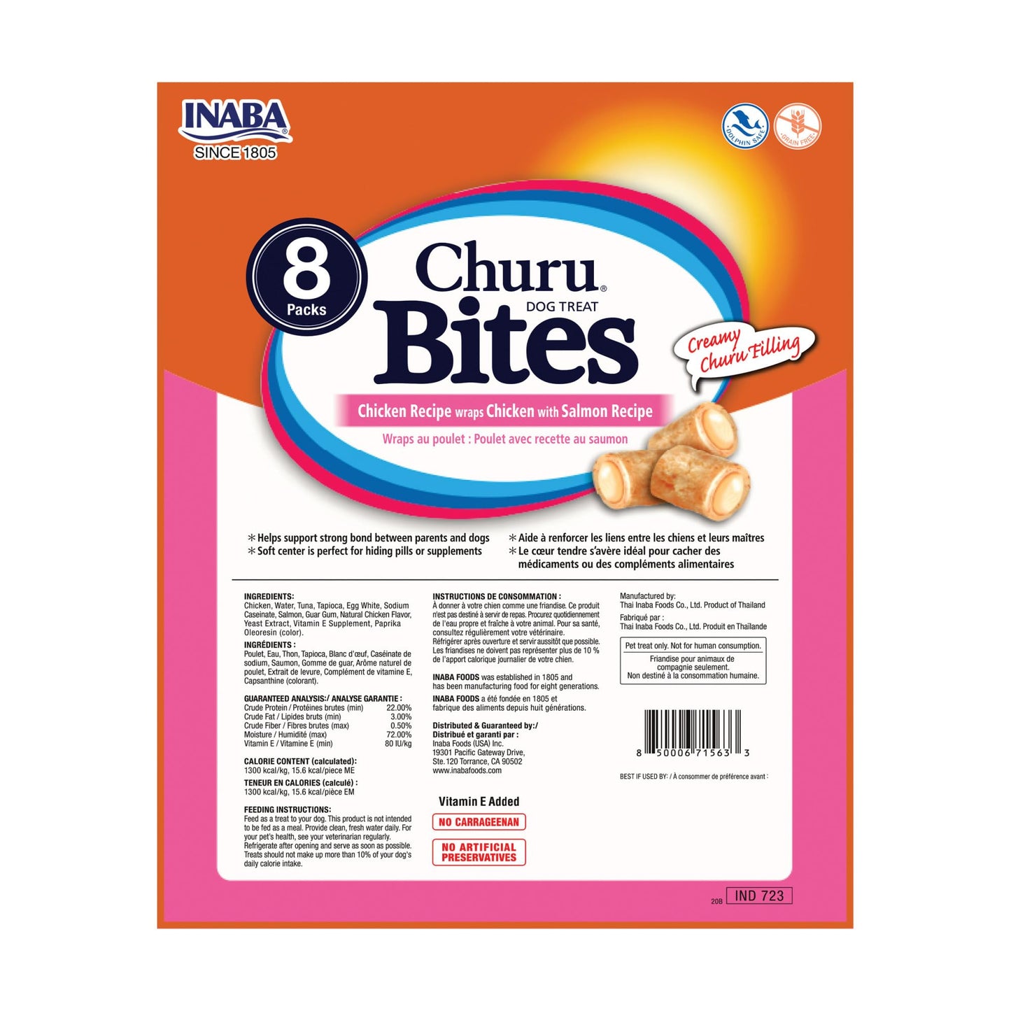 INABA Churu Bites for Dogs, Soft & Chewy Dog Treats, 0.42 Ounces Each Tube, 64 Tubes Total (8 Tubes per Pack), Chicken with Salmon Recipe