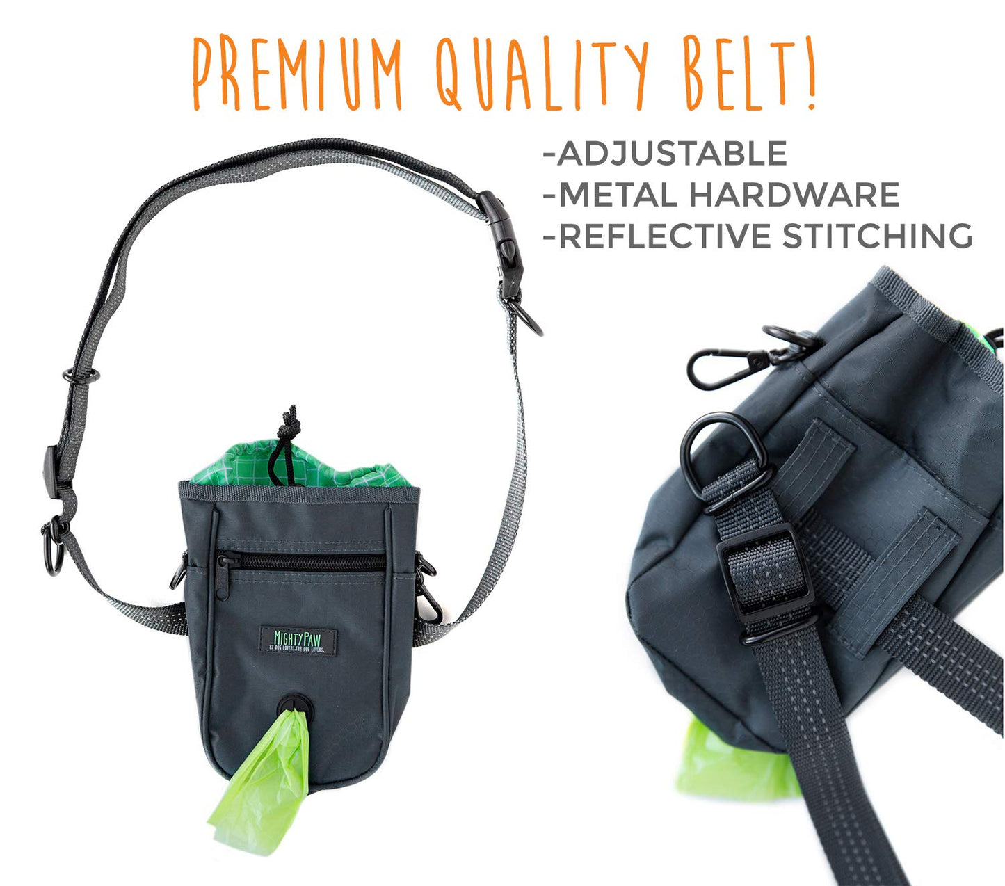 Mighty Paw Dog Treat Bag - Drawstring Closure Pouch - Includes Carabiner Hook and Pick-up Bags - Dog Paw Treat Bag - Pet Training Pouch - (Grey/Green)