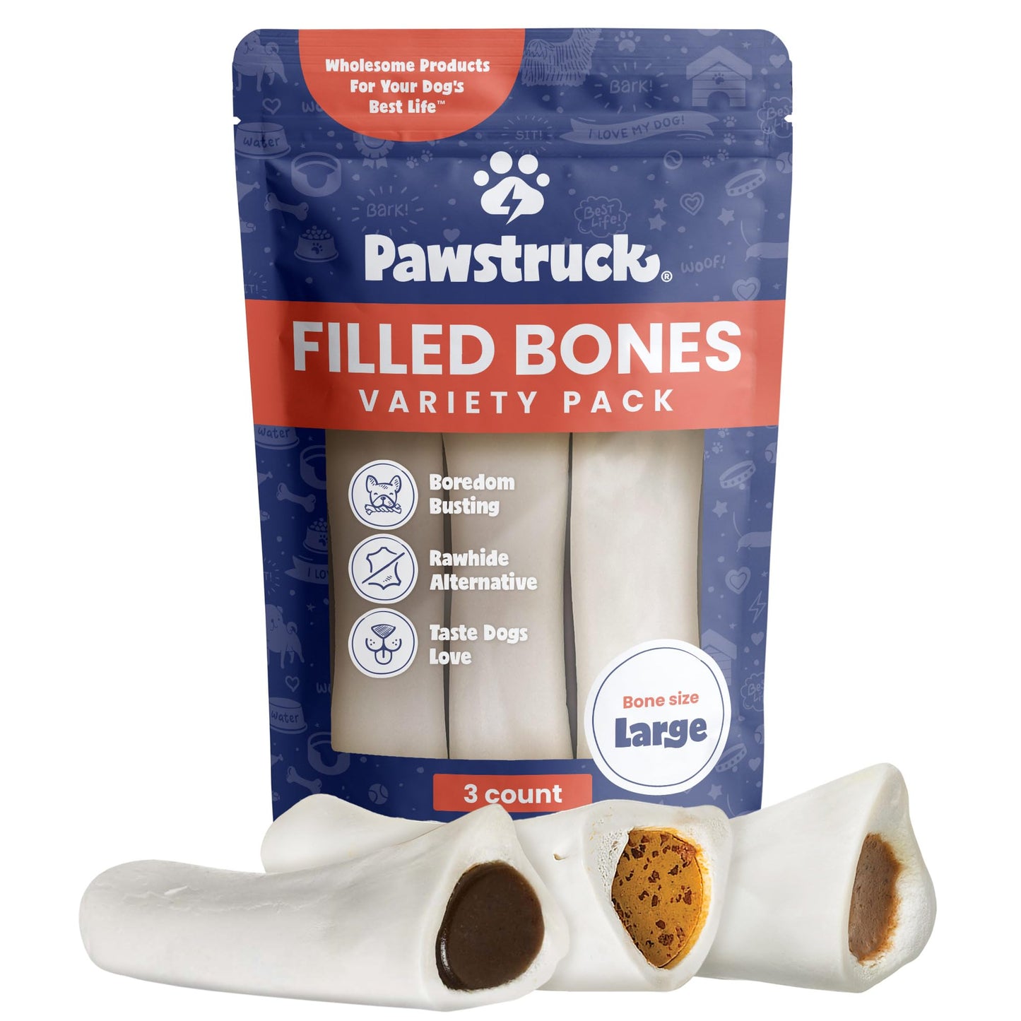 Pawstruck Large 5-6” Filled Dog Bones Variety Pack - Peanut Butter, Cheese & Bacon, Beef Flavors - Made in USA, Long Lasting Stuffed Femur Treat for Aggressive Chewers - Pack of 3, Packaging May Vary