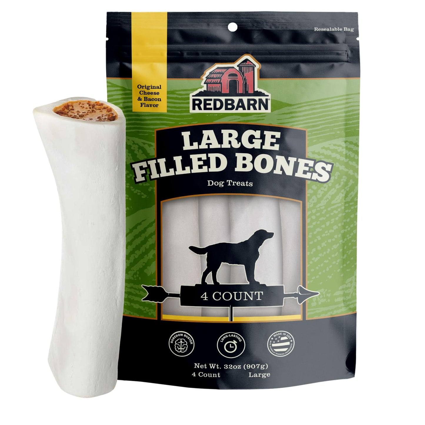 Redbarn Pet Products Large Filled Dog Bones, Cheese & Bacon Flavor - Long Lasting Stuffed Femur Chew Treat Made in USA - 4 Count - Packaging May Vary