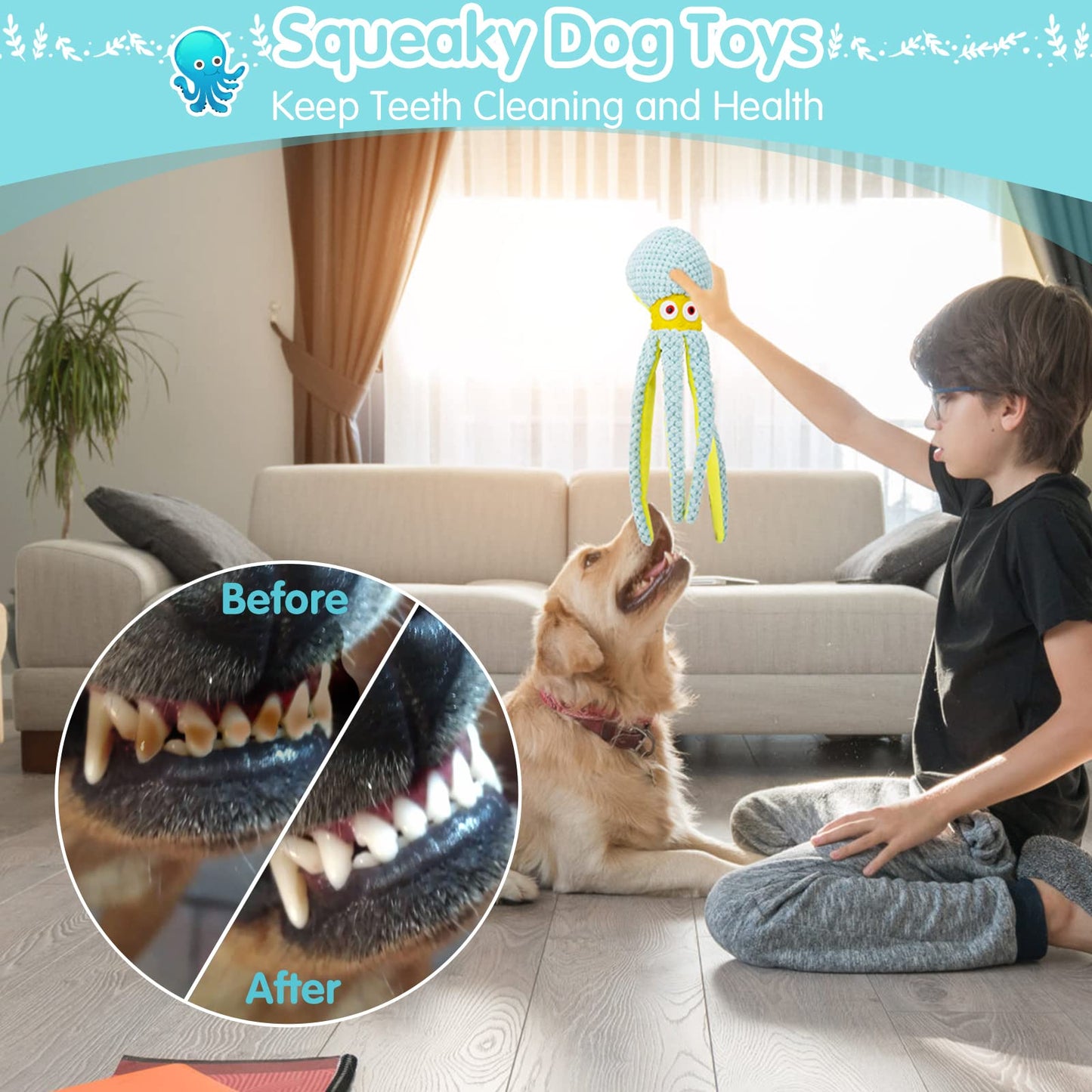 VIWIK Dog Toys for Chewers - Puppy Boredom and Stimulating Squeaky Octopus, Interactive for Smart Dogs, Soft Plush Chew