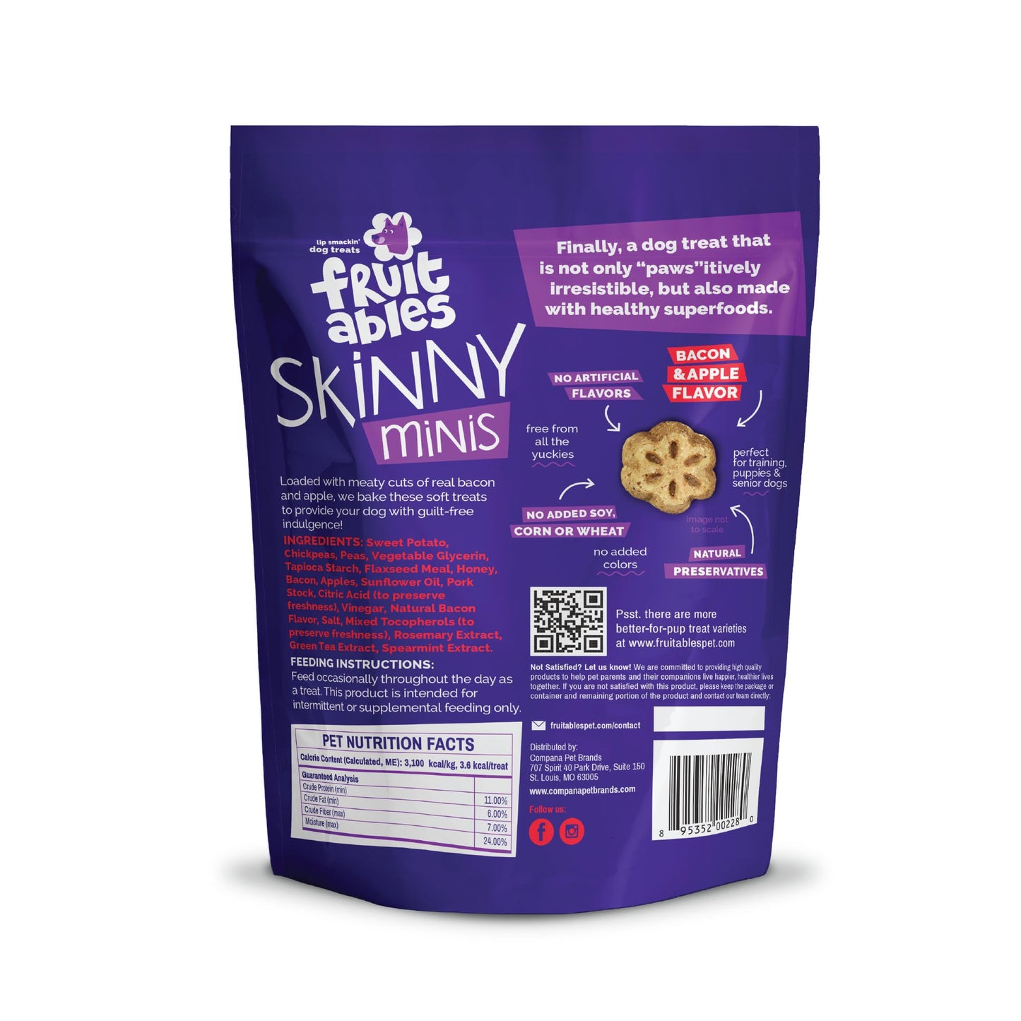 Fruitables Skinny Mini Dog Treats, Healthy Sweet Potato Treat for Dogs, Low Calorie & Delicious, Puppy Training, Free of Wheat, Corn and Soy, Made in the USA, Bacon and Apple Flavor, 5oz