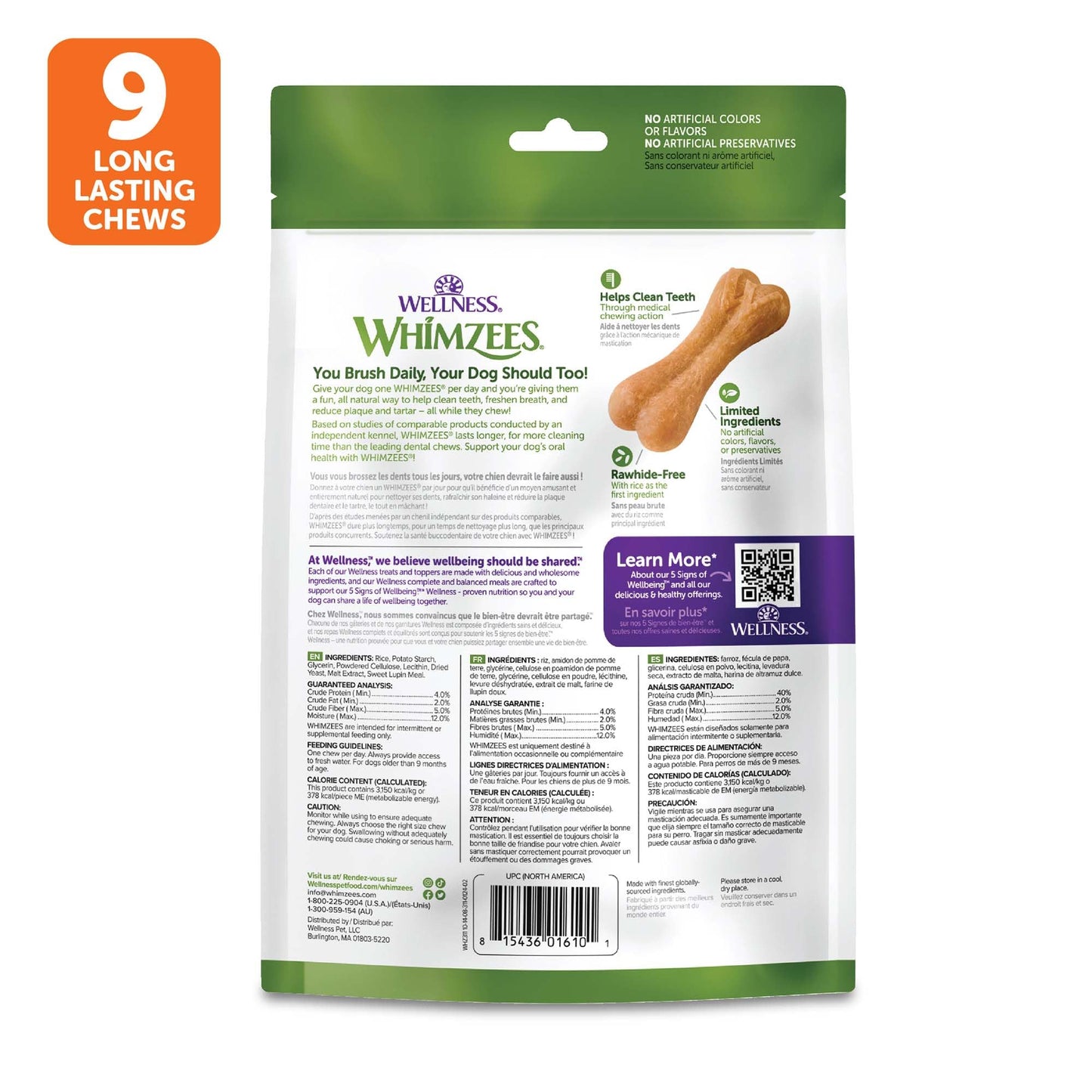 Wellness WHIMZEES Ricebone Dog Dental Treats, Natural Chews, Large Size, (9 Count)