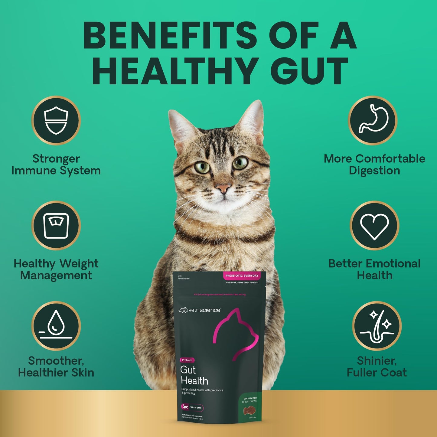 VetriScience Gut Health Probiotic & Prebiotic Digestive Supplements for Cats, Gas & Diarrhea & Immune Support, Soft Chews, Duck, 60 Count - New Look