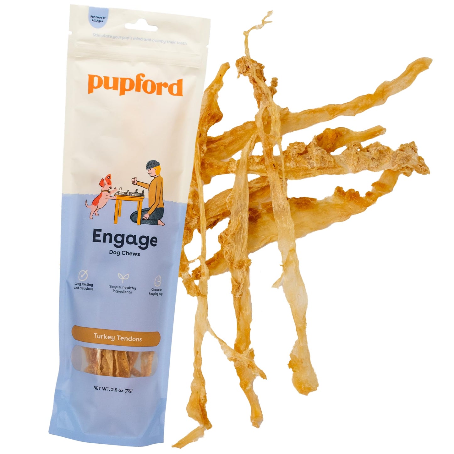 Pupford Turkey Tendon Dog Treats, High-Protein Chews for Healthy Teeth & Joints, Single Ingredient, Grain-Free, Made in USA (2.5 oz)