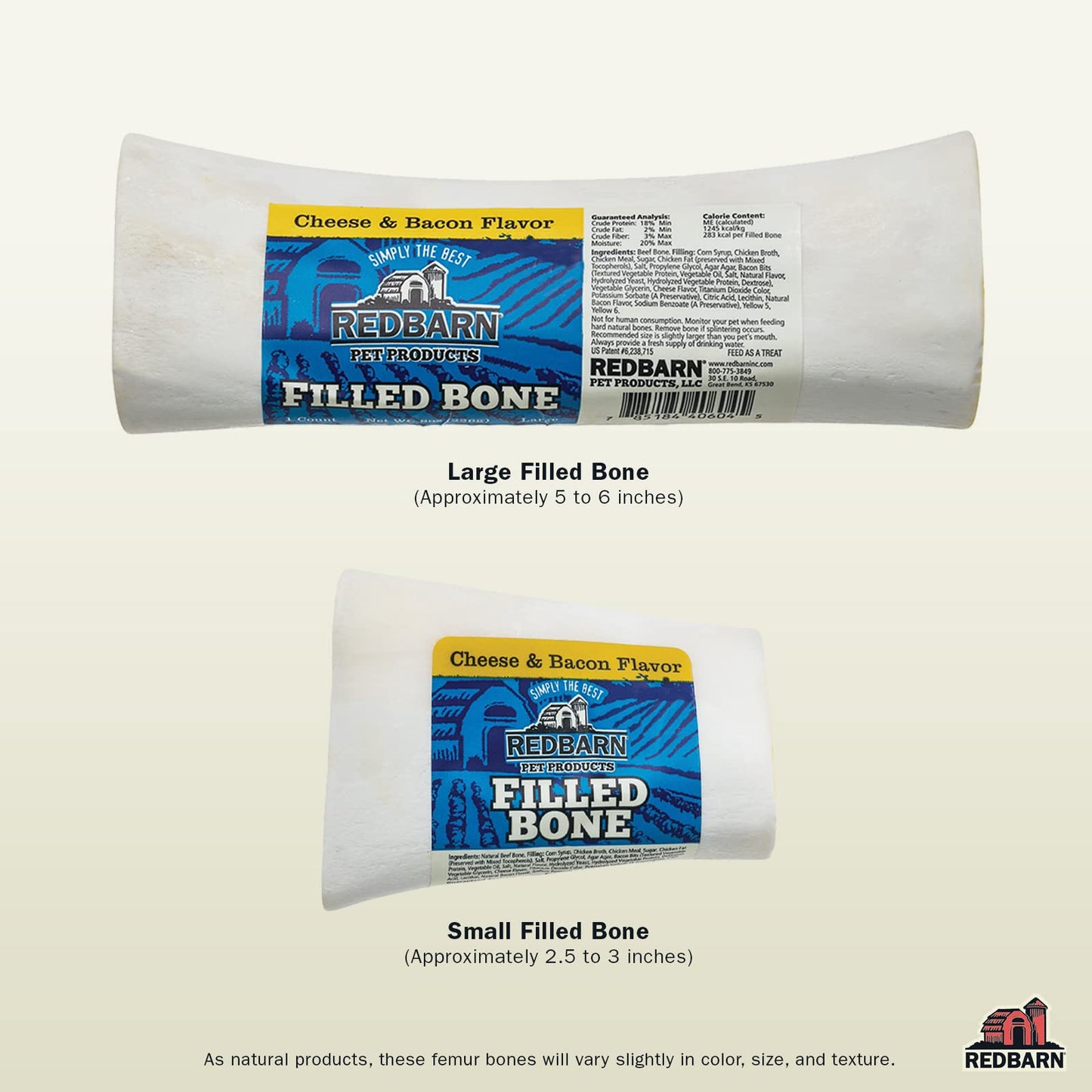 Redbarn Pet Products Large Filled Dog Bones, Cheese & Bacon Flavor - Long Lasting Stuffed Femur Chew Treat Made in USA - 4 Count - Packaging May Vary