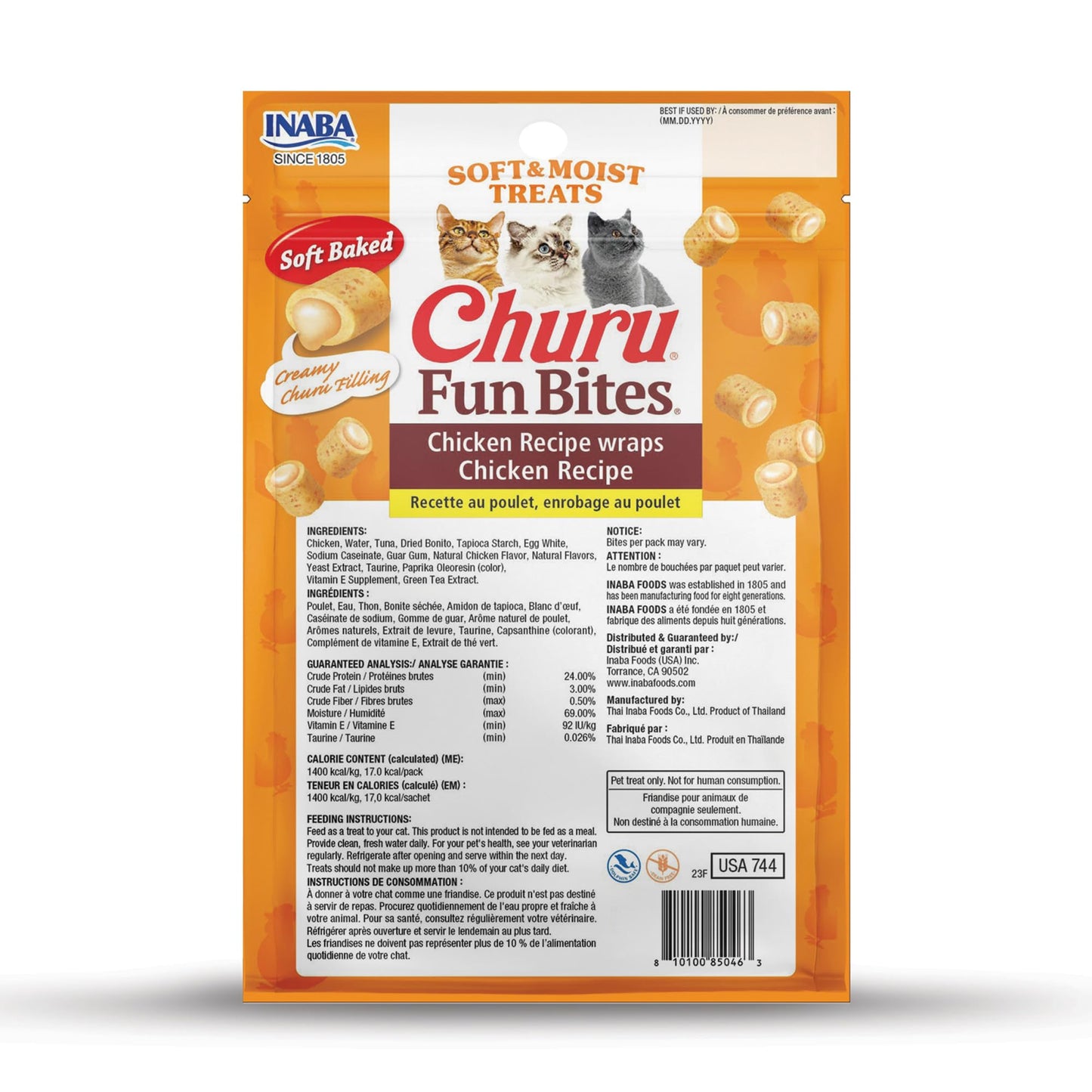 INABA Churu Fun Bites for Cats, Soft & Chewy Cat Treats with Taurine, 0.42 Ounces Each Tetra, 18 Tetras (3 per Bag), Chicken Recipe