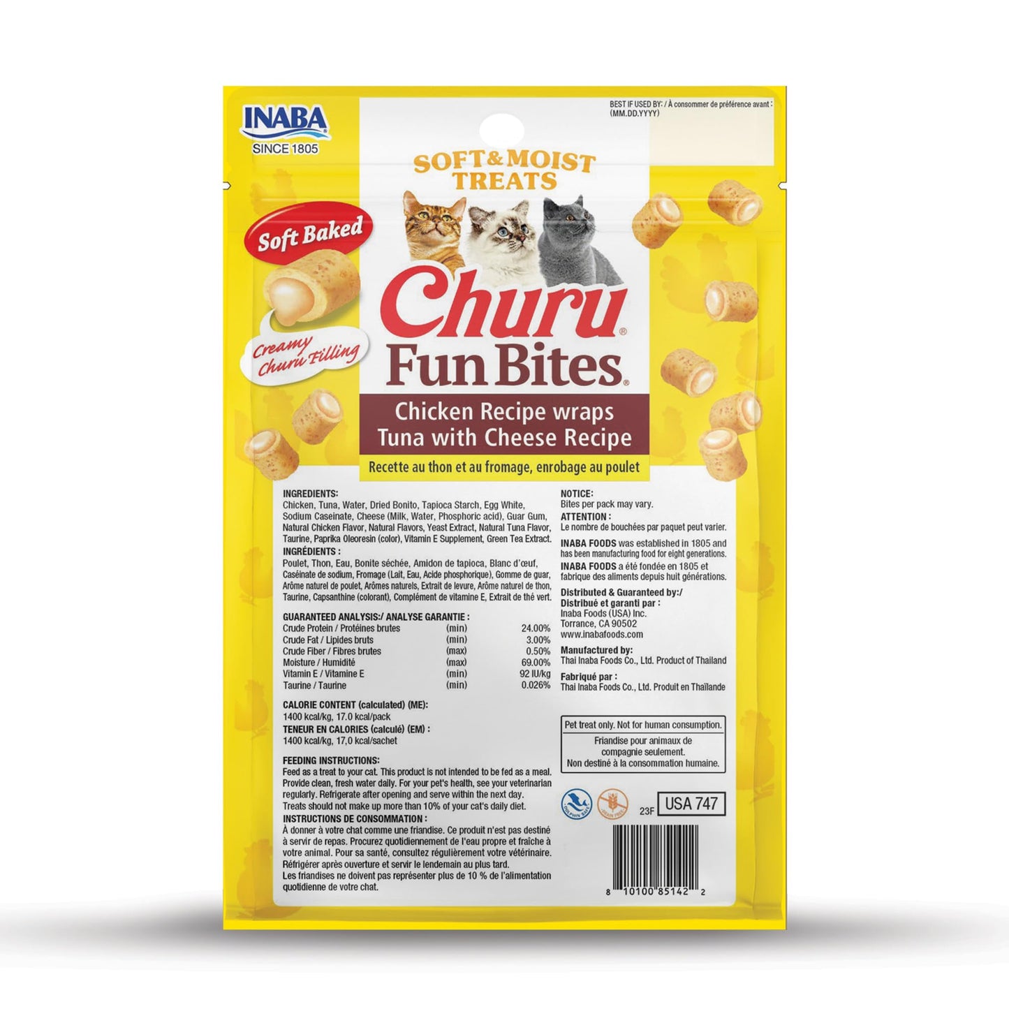 INABA Churu Fun Bites for Cats, Soft & Chewy Cat Treats with Taurine, 0.42 Ounces Each Tetra, 18 Tetras (3 per Bag), Tuna with Cheese Recipe