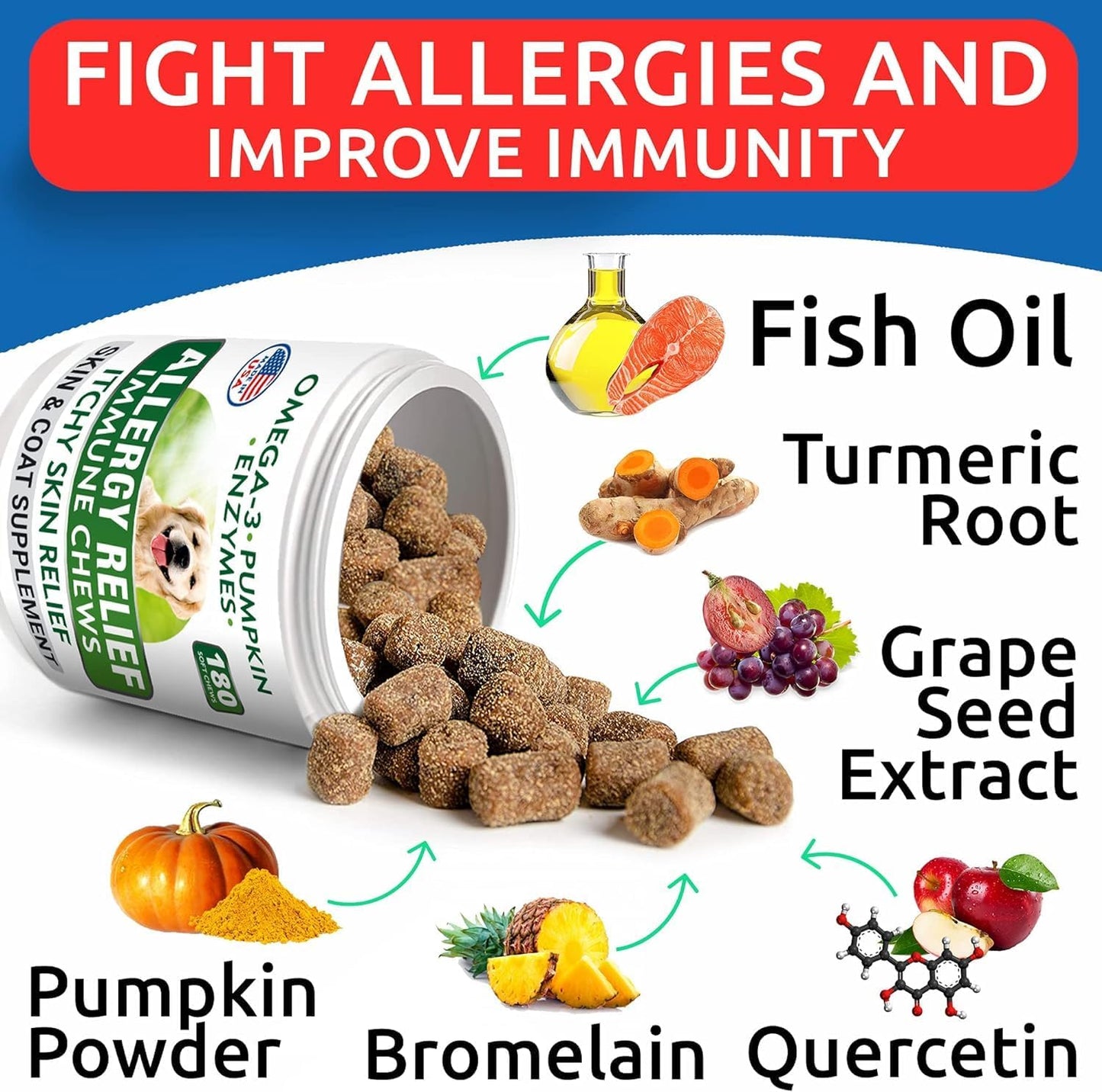 BARK&SPARK Dog Allergy Relief Chews (180 Immune Treats) - Anti-Itch Skin & Coat Supplement - Omega 3 Fish Oil - Dry & Itchy Skin Relief Treatment Pills - Itching, Paw Licking & Hot Spots
