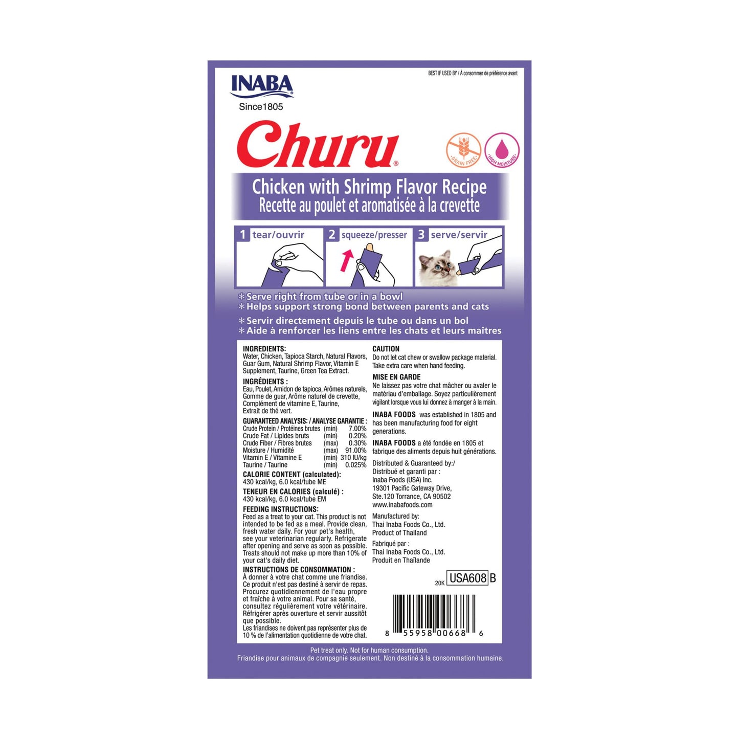 INABA Churu Cat Treats, Grain-Free, Lickable, Squeezable Creamy Purée Cat Treat/Topper with Vitamin E & Taurine, 0.5 Ounces Each Tube, 24 Tubes (4 per Pack), Chicken with Shrimp Recipe