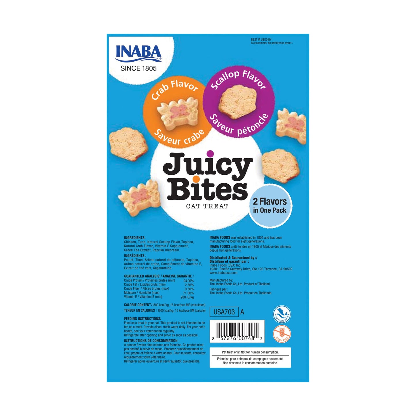 INABA Juicy Bites Grain-Free, Soft, Moist, Chewy Cat Treats with Vitamin E and Green Tea Extract, 0.4 Ounces per Pouch, 18 Pouches (3 per Bag), Scallop and Crab