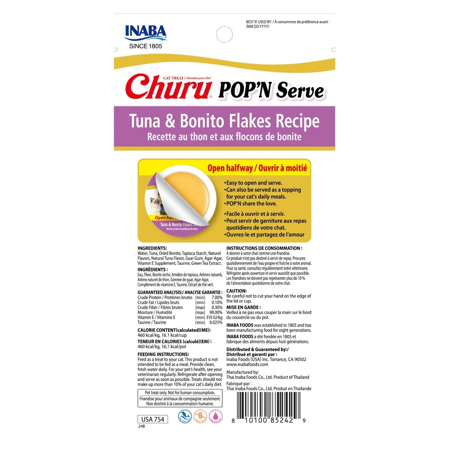 INABA Churu Pop'N Serve Jelly Cat Treat with Vitamin E & Taurine, 1.2 Ounce Cup, 8 Cups, Tuna & Bonito Flakes Recipe
