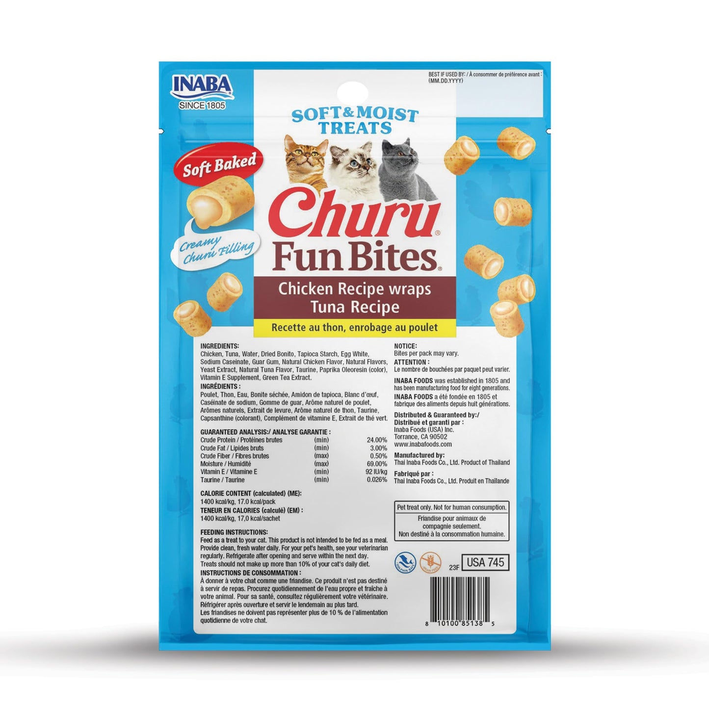 INABA Churu Fun Bites for Cats, Soft & Chewy Cat Treats with Taurine, 0.42 Ounces Each Tetra, 18 Tetras (3 per Bag), Tuna Recipe