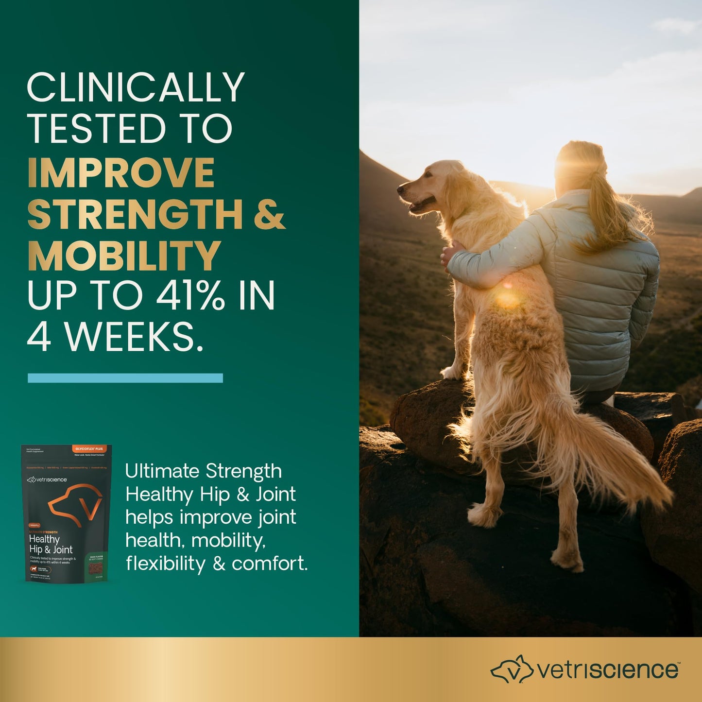 VetriScience GlycoFlex Ultimate Strength Healthy Hip & Joint Glucosamine Supplements for Dogs, with MSM, Chondroitin & Green-Lipped Mussel, Soft Chews, Duck, 120 Count - New Look