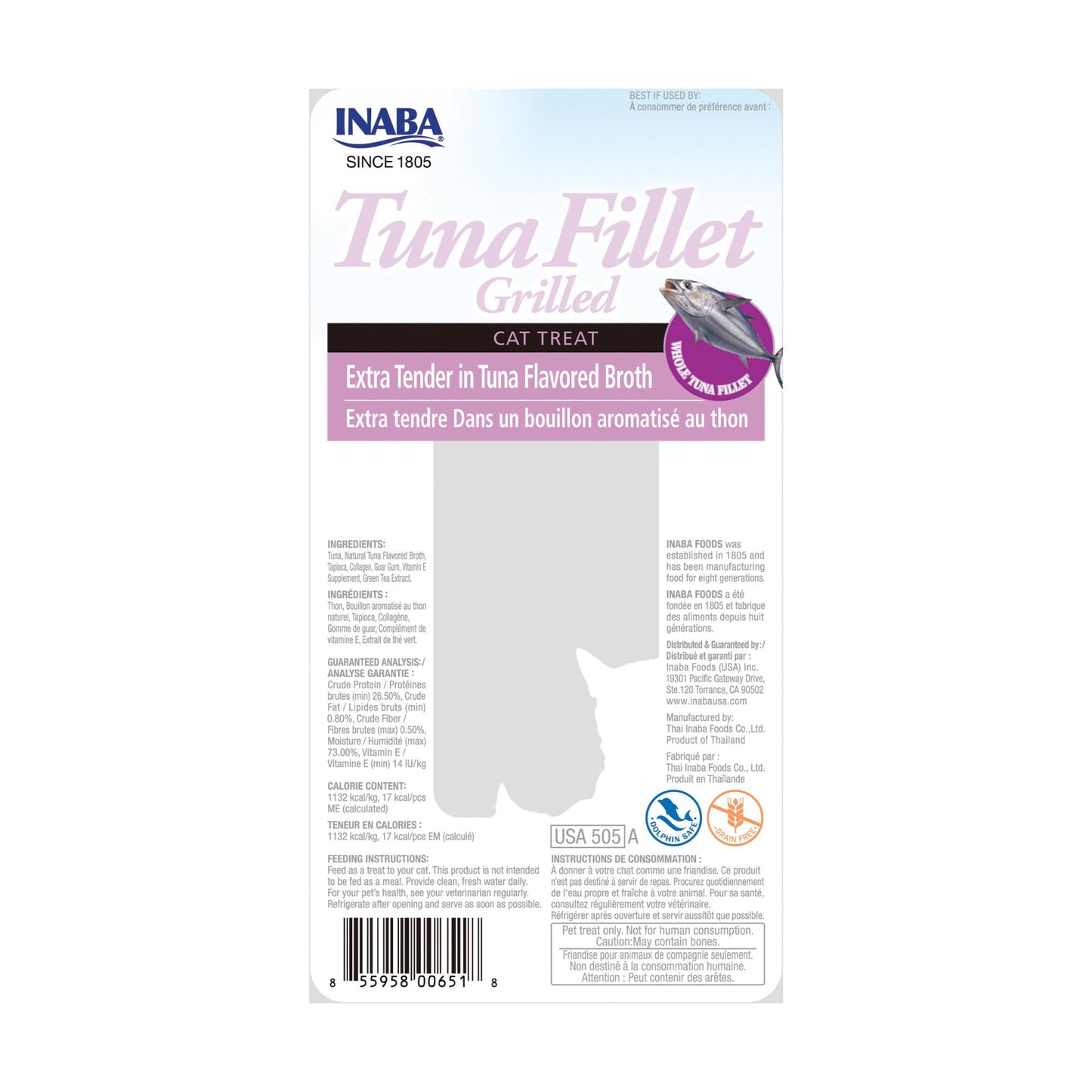 INABA Premium Hand-Cut Grilled Tuna Fillet Cat Treats/Topper with Vitamin E and Green Tea Extract, 0.52 Ounces Each, Pack of 6, Extra Tender Tuna Broth