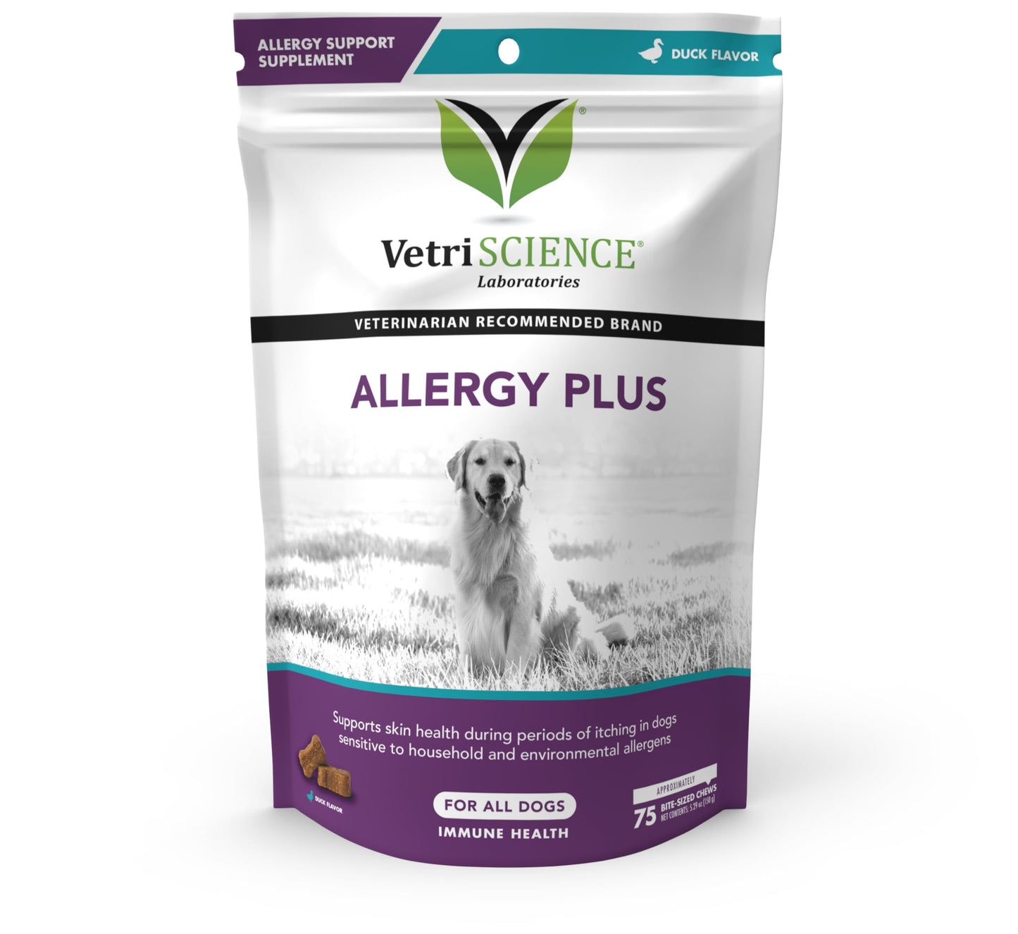 VetriScience Allergy & Itch Support Chews, Skin and Coat Supplement for Dogs, Allergy Chews for Itching, Scratching, and Licking, Support Skin and Immune Health, Duck, 75 Count