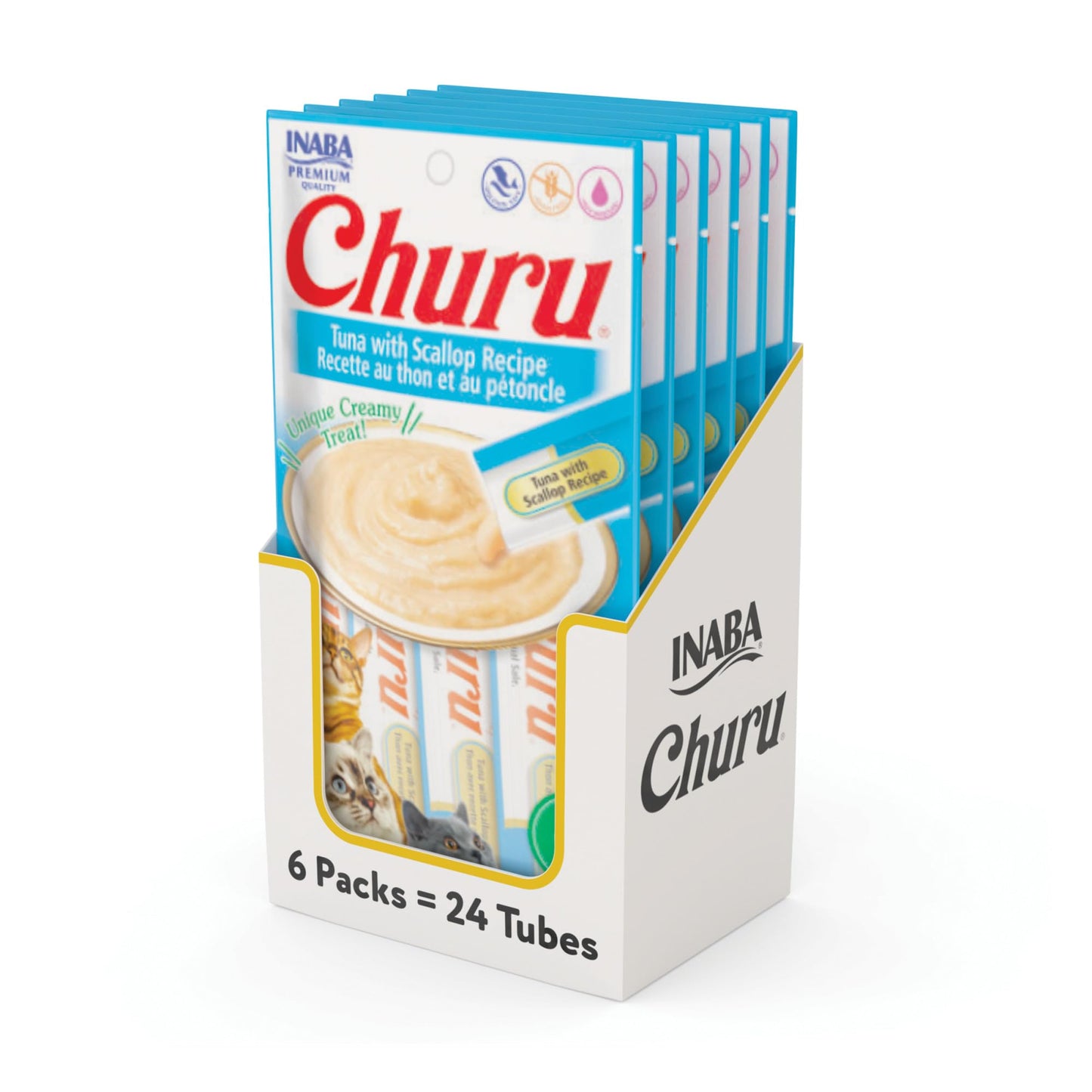INABA Churu Cat Treats, Grain-Free, Lickable, Squeezable Creamy Purée Cat Treat/Topper with Vitamin E & Taurine, 0.5 Ounces Each Tube, 24 Tubes (4 per Pack), Tuna with Scallop Recipe