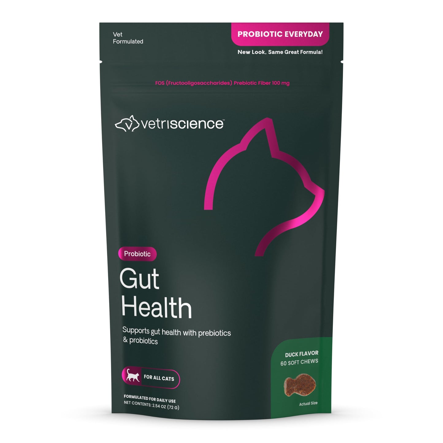 VetriScience Gut Health Probiotic & Prebiotic Digestive Supplements for Cats, Gas & Diarrhea & Immune Support, Soft Chews, Duck, 60 Count - New Look