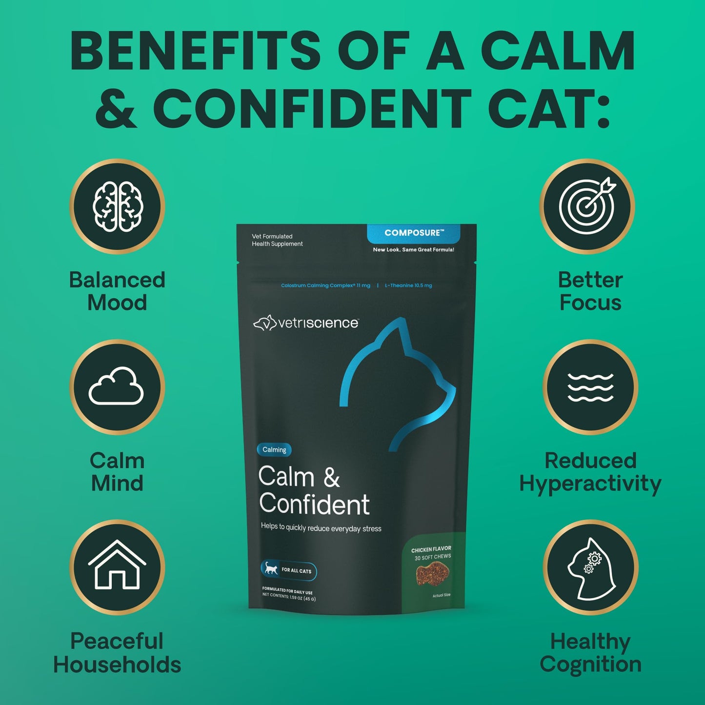 VetriScience Composure, Calming Formula for Cats, 30 Bite-Sized Chews