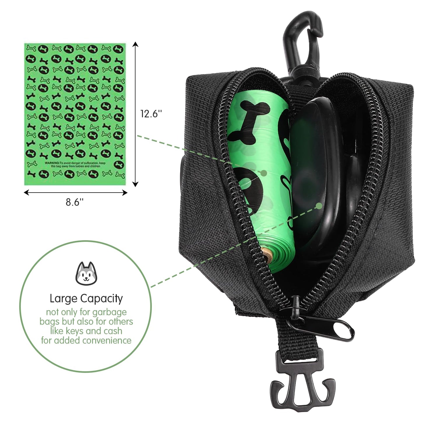 VIWIK Dog Poop Bag Holder for Leash, Waste Bag Dispenser with Pet Trash Bags and Carabiner Clip, Soft Portable Doggie Poop Bag Dispenser with Hand Free Holder Carrier, Gifts for Dog Lovers Black