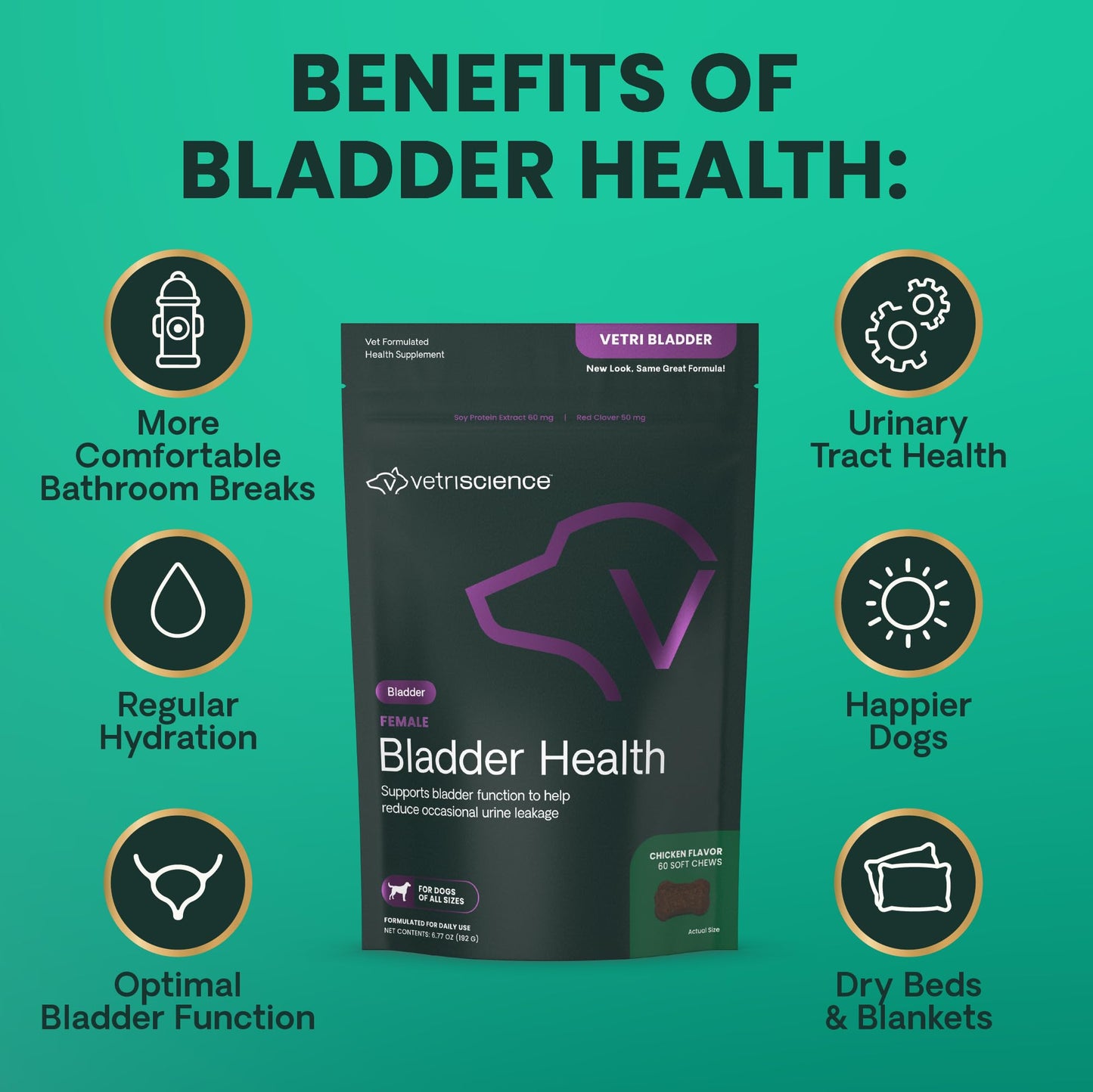 VETRISCIENCE Bladder Health Chews, Vetri Bladder Supplement for Dogs, Incontinence Support, Reduce Urine Leakage and Overactive Bladder, Soy Protein and Red Clover, Chicken, 60 Count