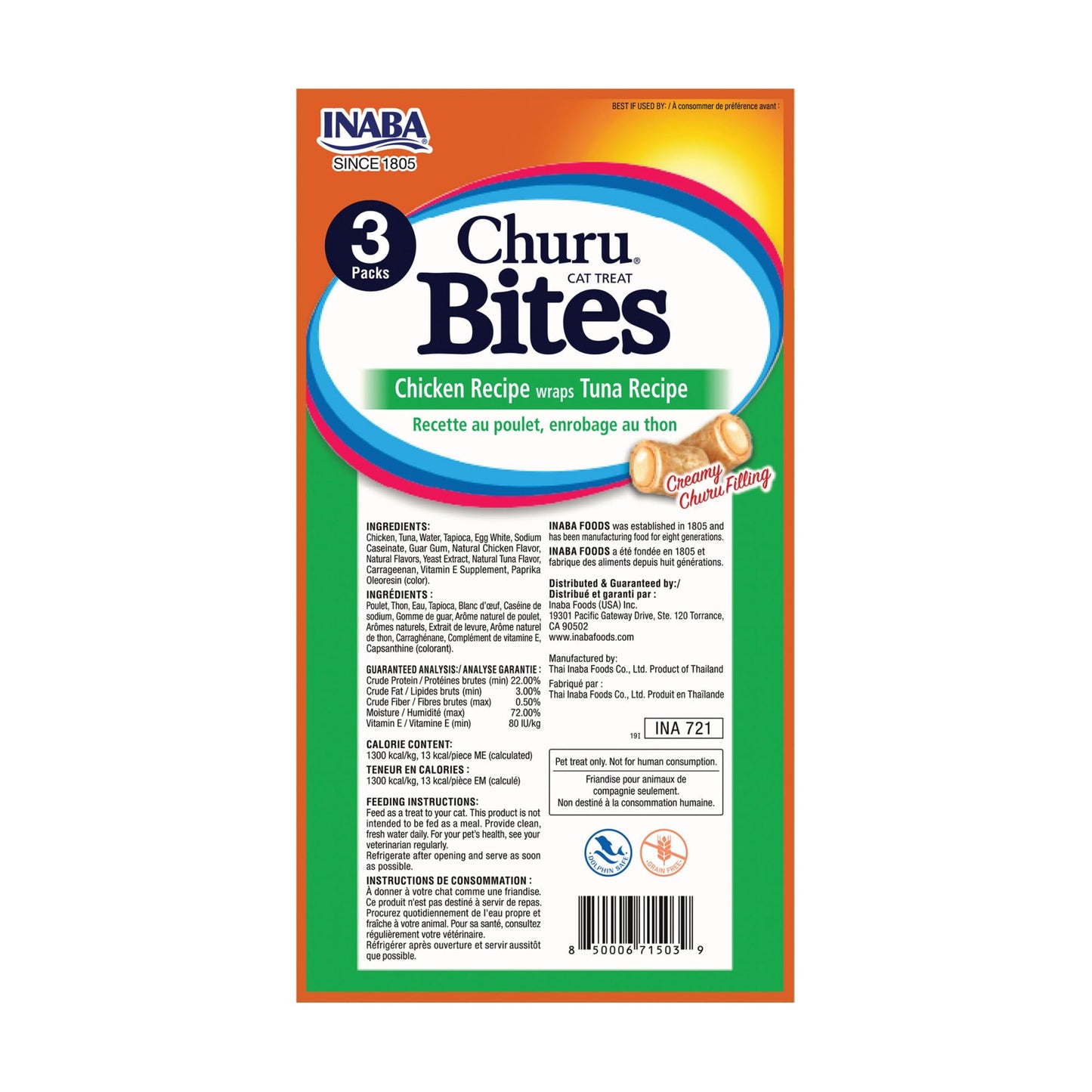 Inaba Churu Bites for Cats, Soft Baked Chicken Churu Filled Cat Treats with Vitamin E, 0.35 Ounces Each Tube, 24 Tubes Total (3 per Pack), Tuna Recipe