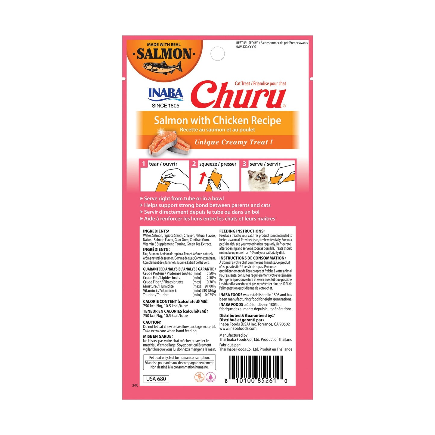 INABA Salmon Churu Cat Treats, Lickable, Squeezable Creamy Purée Cat Treat with Green Tea Extract & Taurine, 0.5 Ounces Each Tube, 24 Tubes (4 per Pack), Salmon with Chicken Recipe