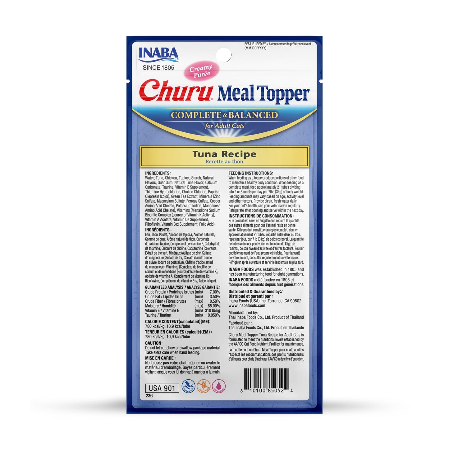 INABA Churu Meal Topper for Cats, Complete & Balanced, Creamy, Lickable Purée Cat Food Topper, 0.5 Ounce Tube, 24 Tubes (4 per Pack), Tuna Recipe
