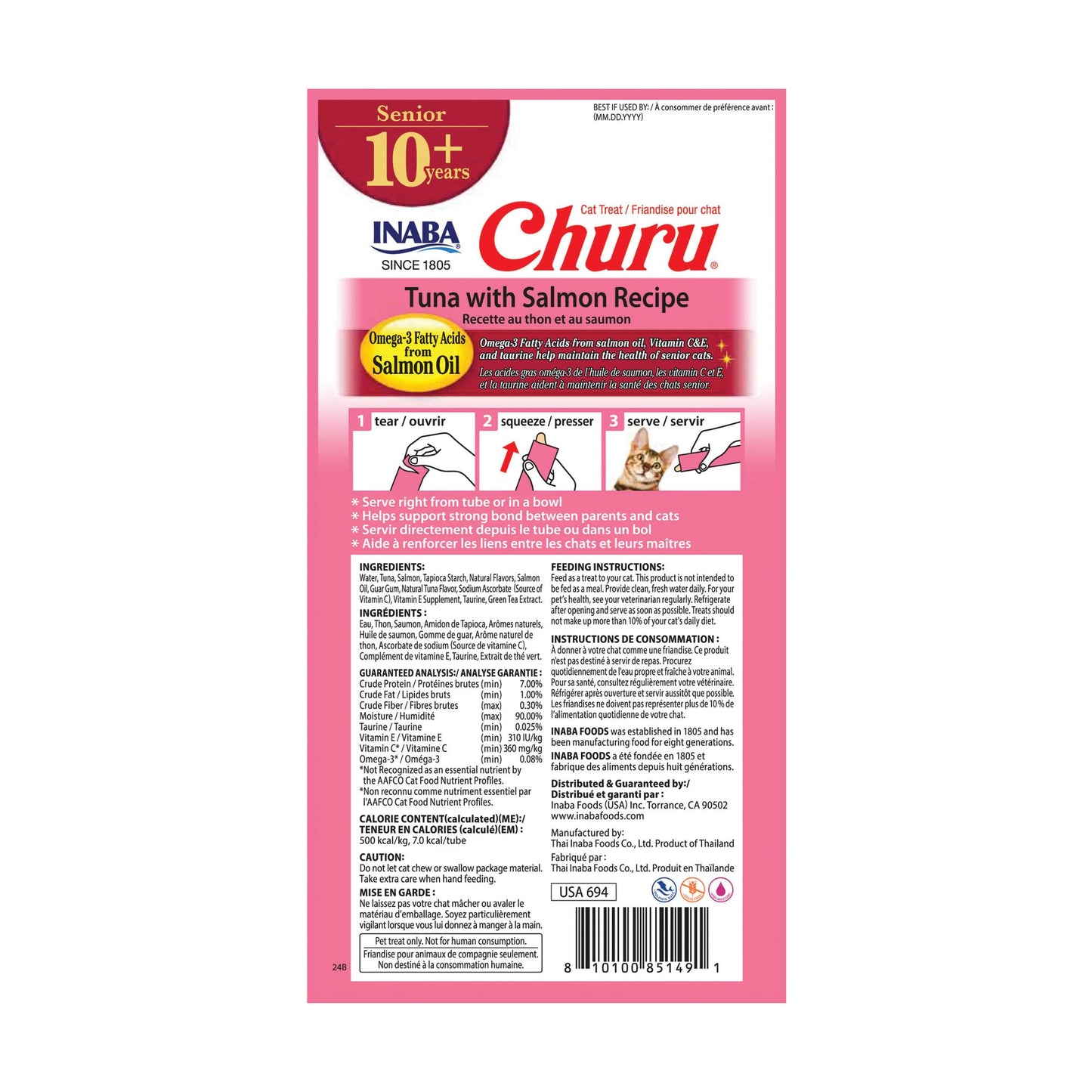 INABA Churu for Senior 10+, Creamy Lickable Cat Treats with Taurine, Vitamin E & C, 0.5 Ounces Each, 24 Tubes (4 per Pack), Tuna with Salmon Recipe
