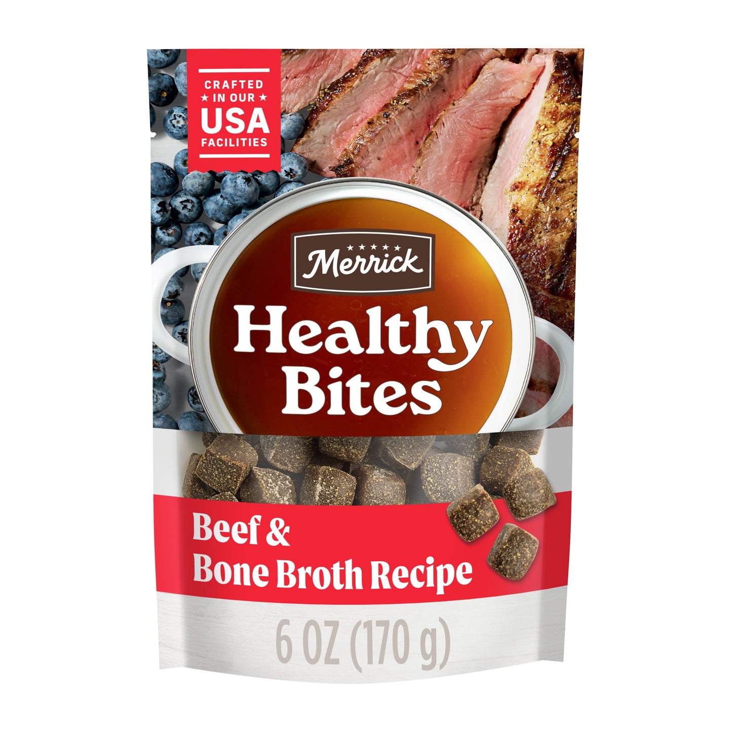 Merrick Healthy Bites Grain Free Dog Treats, Soft Treats with Bone Broth for Dogs, Beef and Bone Broth Recipe - 6 oz. Pouch