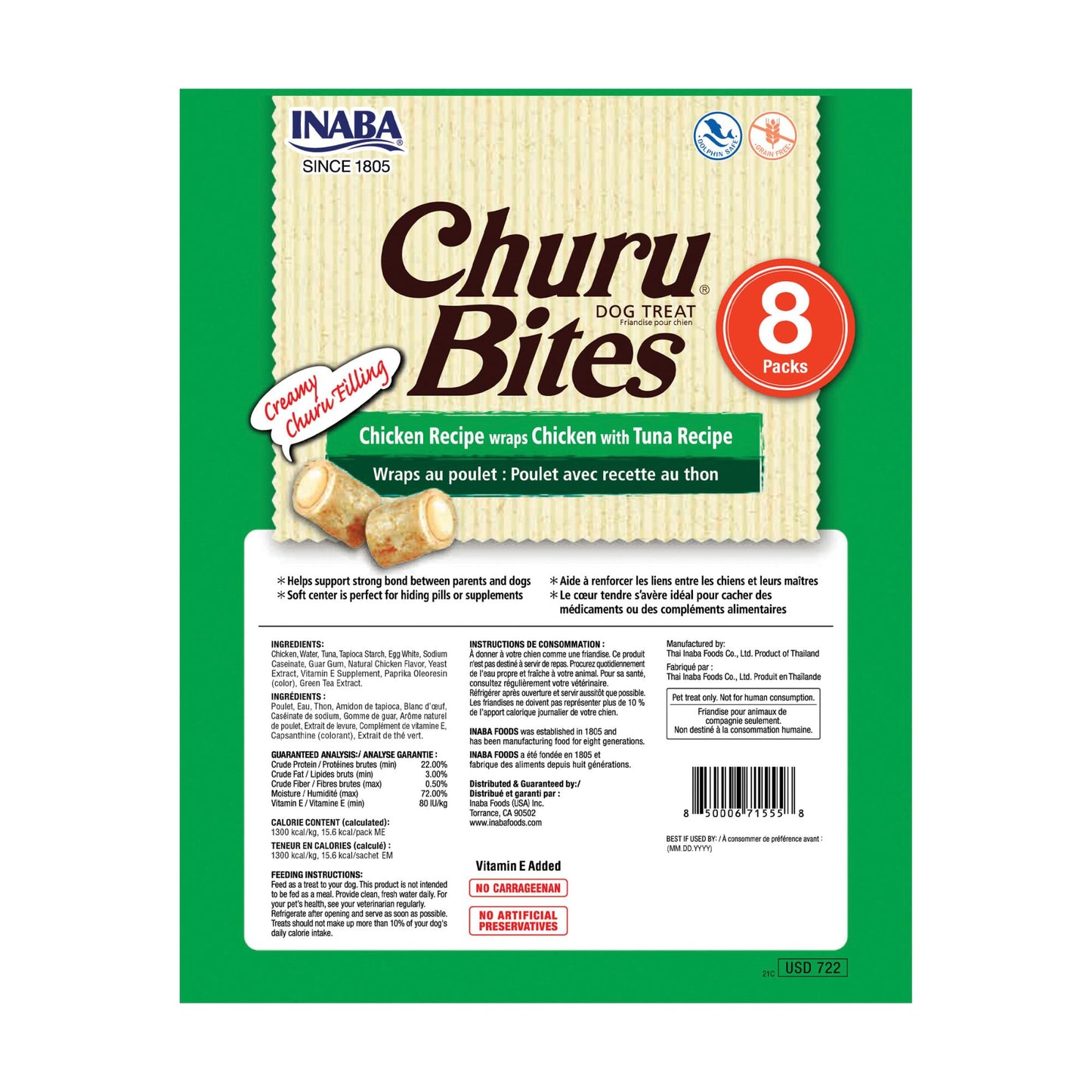 INABA Churu Bites for Dogs, Grain-Free, Soft/Chewy Baked Chicken Wrapped Churu Filled Dog Treats, 0.42 Ounces Each Tube | 48 Tubes Total (8 Tubes per Pack), Chicken with Tuna Recipe