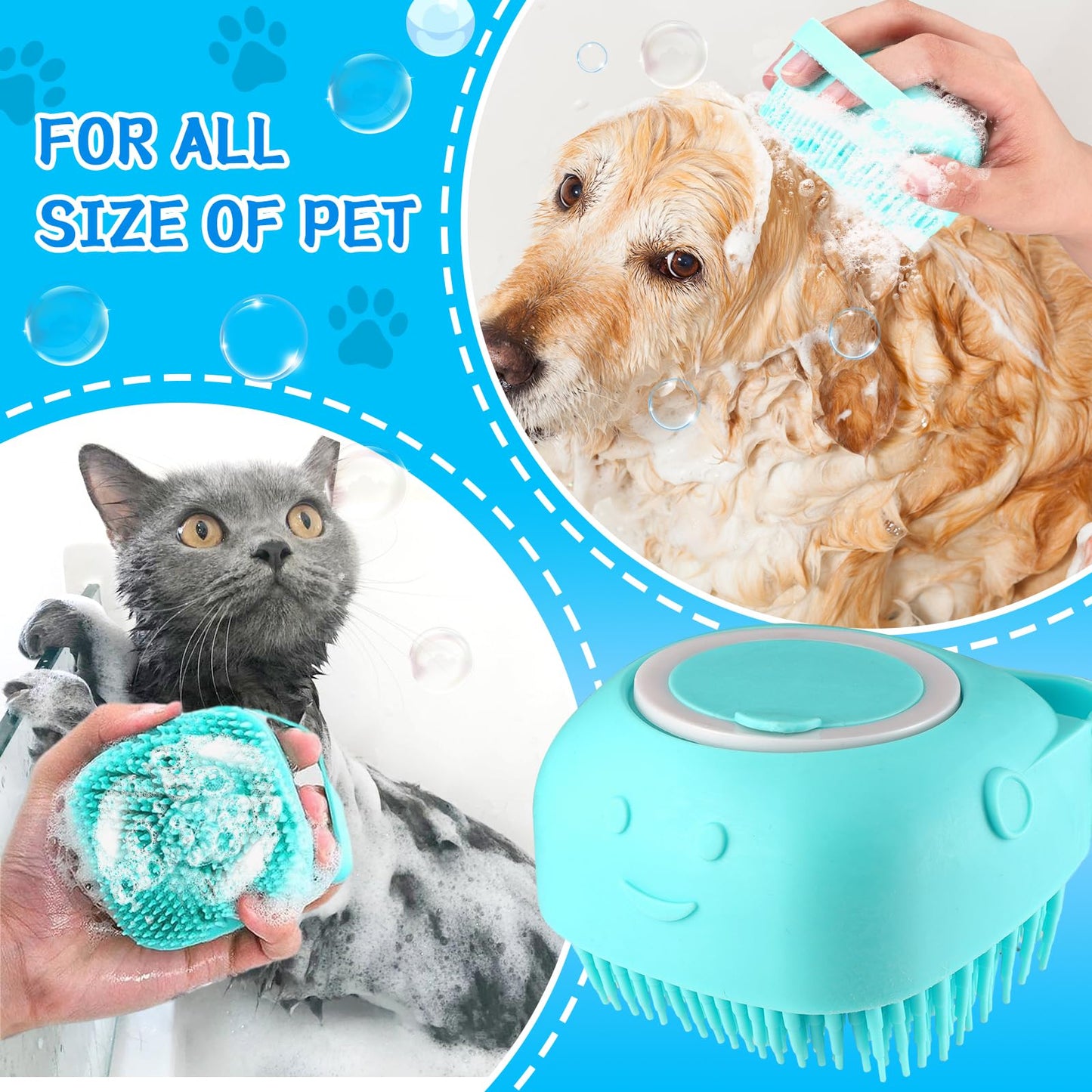 VIWIK Dog Bath Brush, Blue - Complete Pet Grooming Kit Includes 3 Versatile Brushes for Bathing, Hair Removal, Massage, Safe and Sturdy with Food-Grade Silicone, Effortlessly Clean Your Dog
