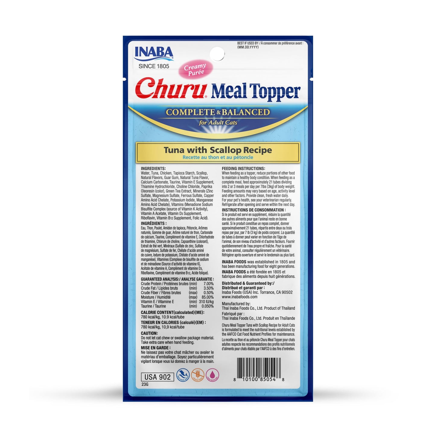 INABA Churu Meal Topper for Cats, Complete & Balanced, Creamy, Lickable Purée Cat Food Topper, 0.5 Ounce Tube, 24 Tubes (4 per Pack), Tuna with Scallop Recipe