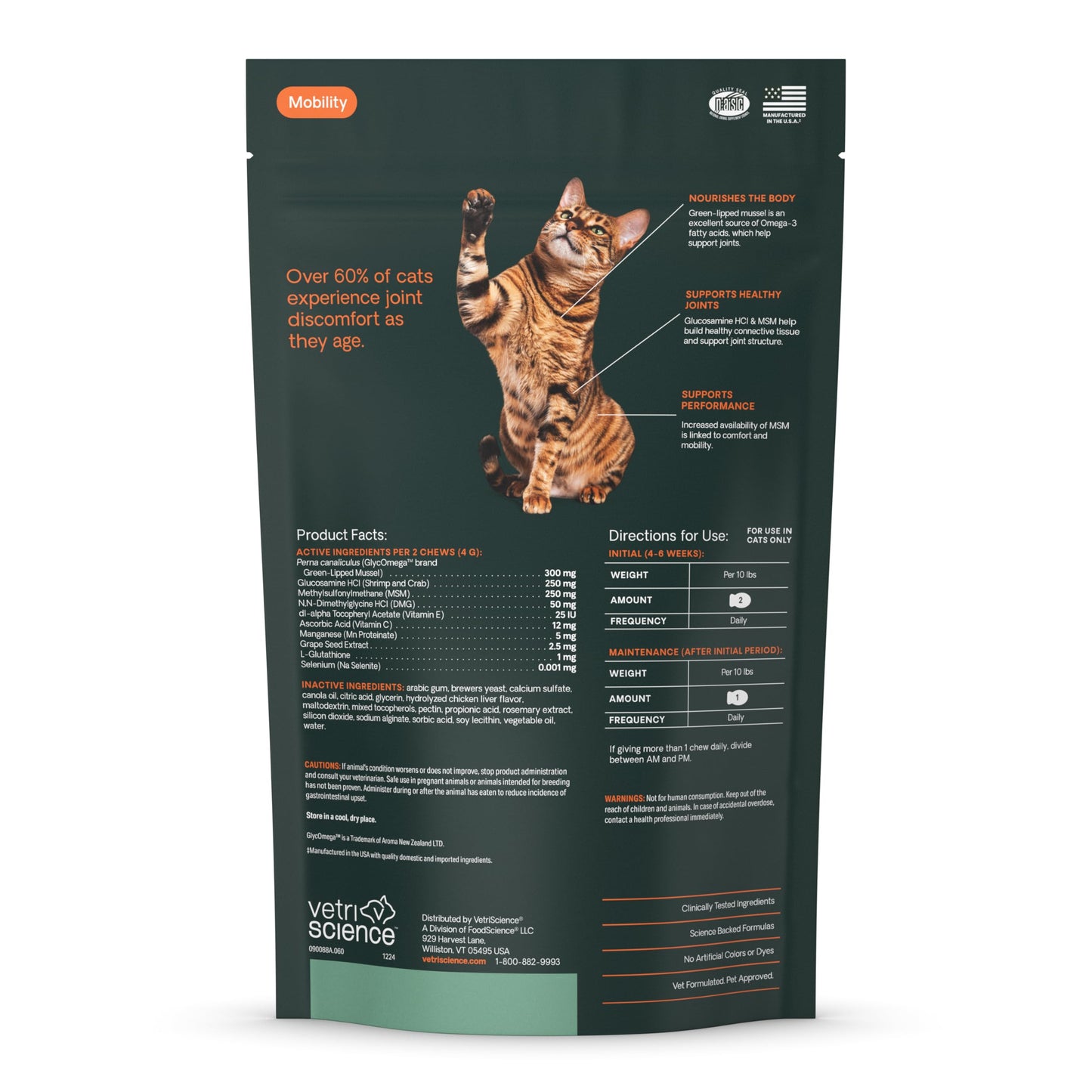 VetriScience Extra Strength Healthy Hip & Joint Chews, GlycoFlex Glucosamine and Green-Lipped Mussel Joint Support Supplement for Cats, Promote Mobility and Soothe Joint Discomfort, Chicken, 60 Count