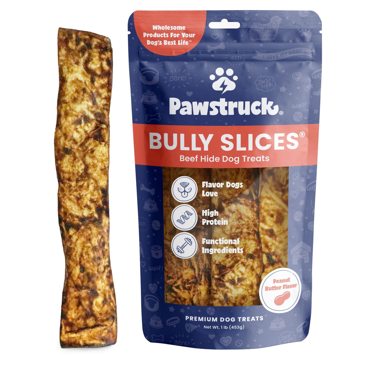Pawstruck Bully Slices Premium Rawhide Chew Sticks, Peanut Butter Flavor - Low Fat, High Protein, Long-Lasting Treat for Dogs - No Artificial Ingredients - 1 lb Bag - Packaging May Vary