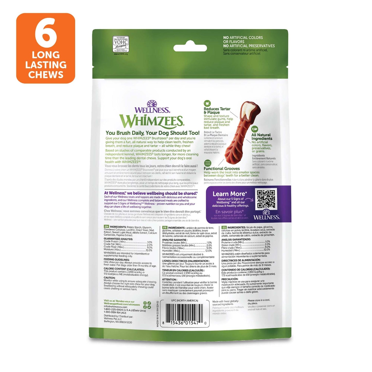 Wellness WHIMZEES Brushzees Dog Dental Treats, Natural Chews, Large Size Stick, (6 Count)