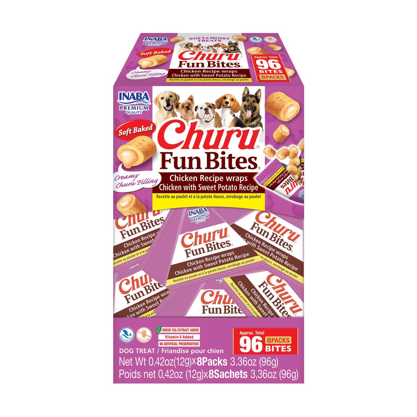 INABA Churu Fun Bites for Dogs, Soft & Chewy Baked Chicken Wrapped Filled Dog Treats with Vitamin E, 0.42 Ounces per Tetra, 8 Tetras per Box, Chicken with Sweet Potato Recipe